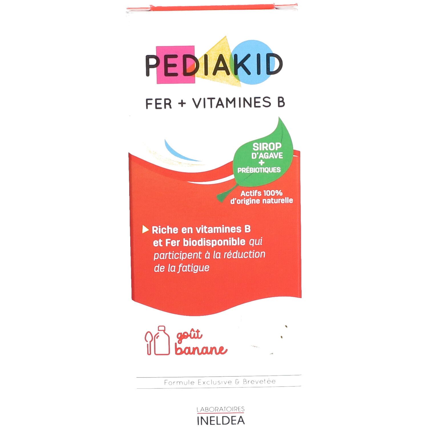 Boîte Pediakid Fer + Vitamines B. Inscription : Fer + Vitamines B, goût banane. Couleurs rouge et blanc.