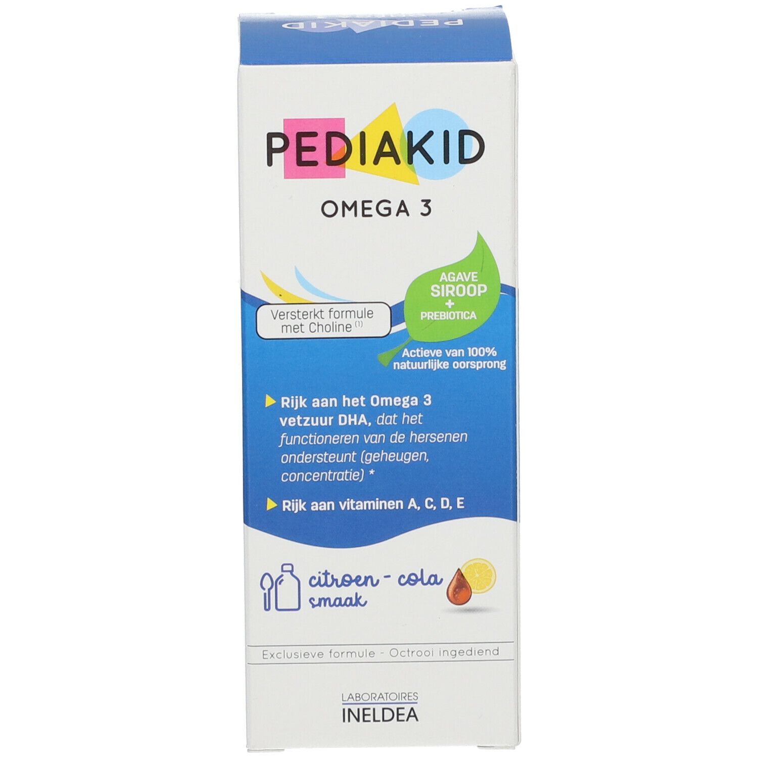 Un emballage de produit avec du texte et des logos. PEDIAKID Oméga 3 est écrit sur l'emballage. Le fond est blanc.