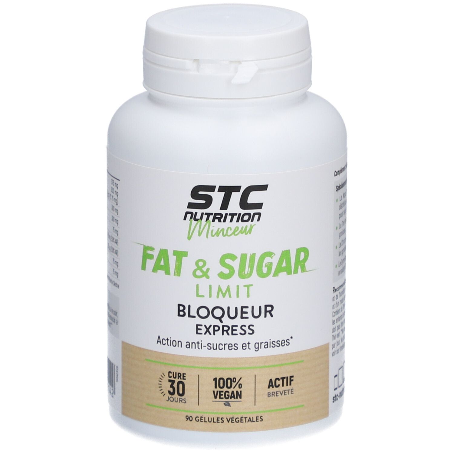Flacon blanc avec capsules. Inscription : STC Nutrition, Fat & Sugar Limit, Bloqueur Express. 100% végétal.