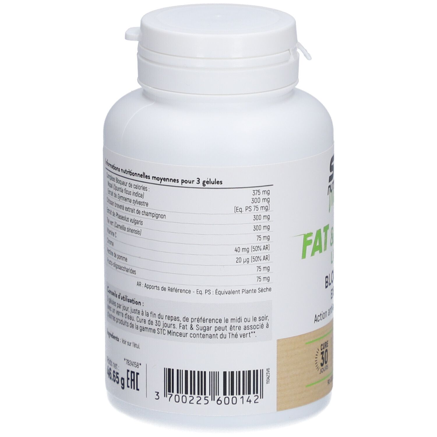 Dos du flacon blanc avec capsules. Informations nutritionnelles et ingrédients. Inscription : STC Nutrition, Fat & Sugar Limit.