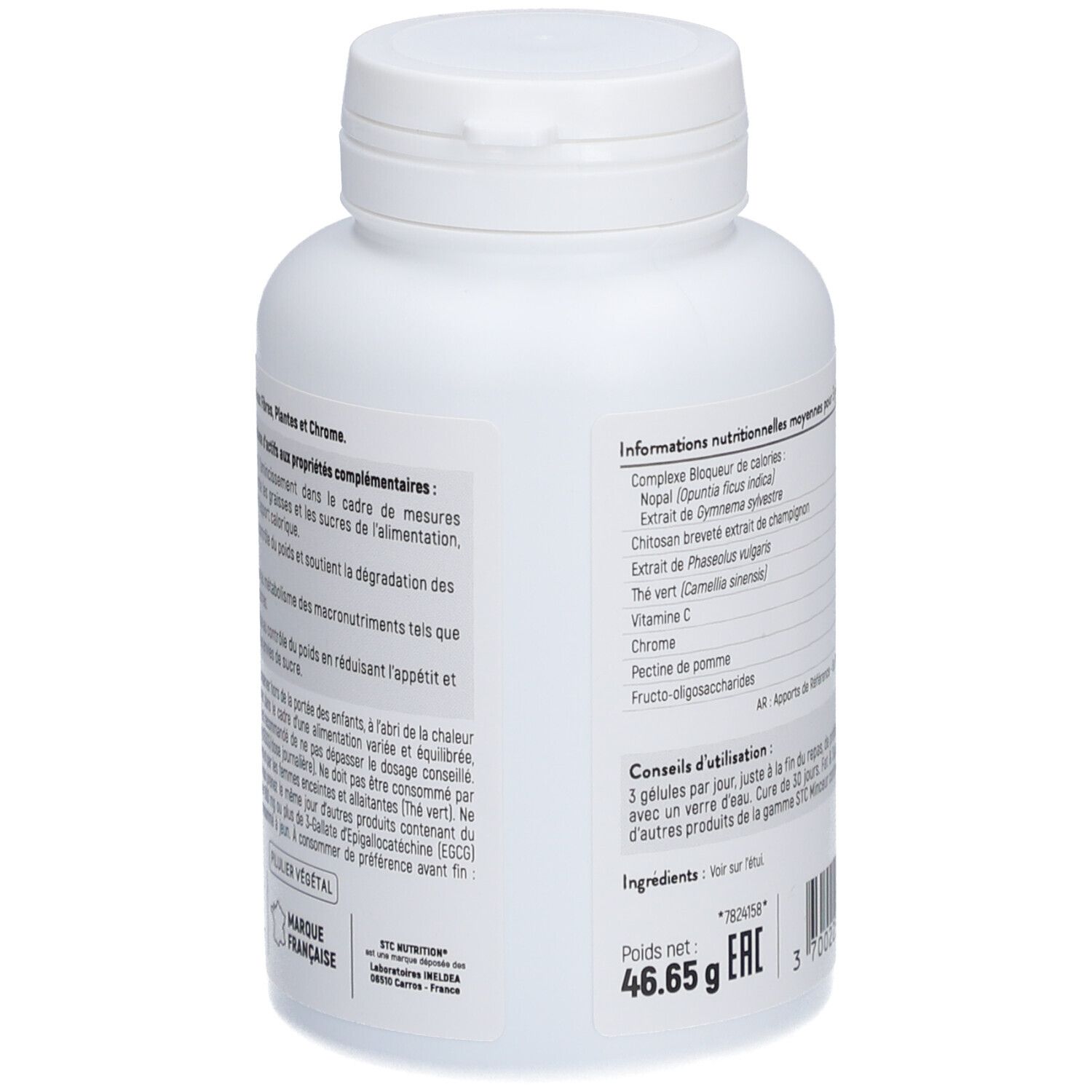 Dos du flacon blanc avec capsules. Ingrédients et conseils d'utilisation. Inscription : STC Nutrition, Fat & Sugar Limit.