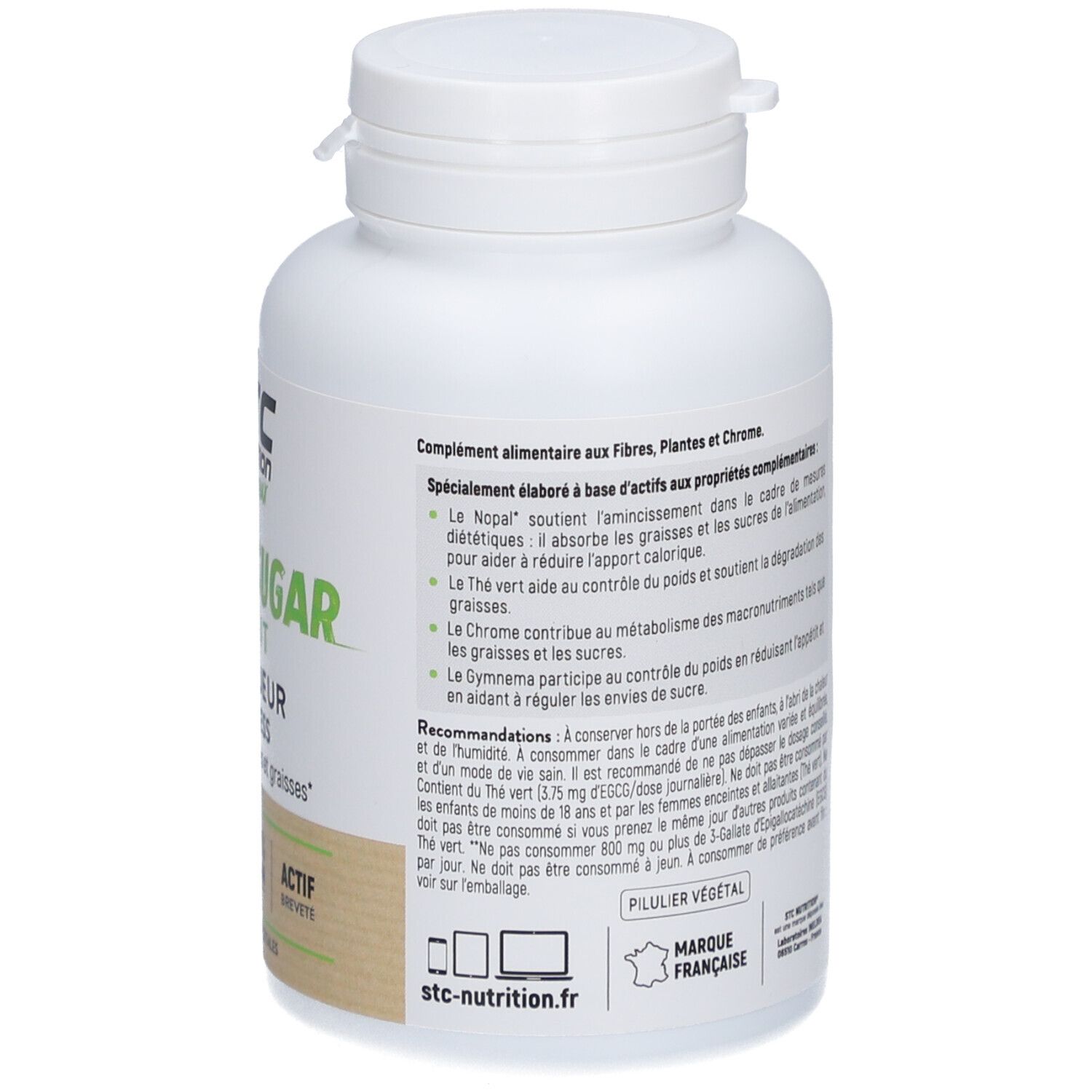 Dos du flacon blanc avec capsules. Composition et recommandations. Inscription : STC Nutrition, Fat & Sugar Limit.