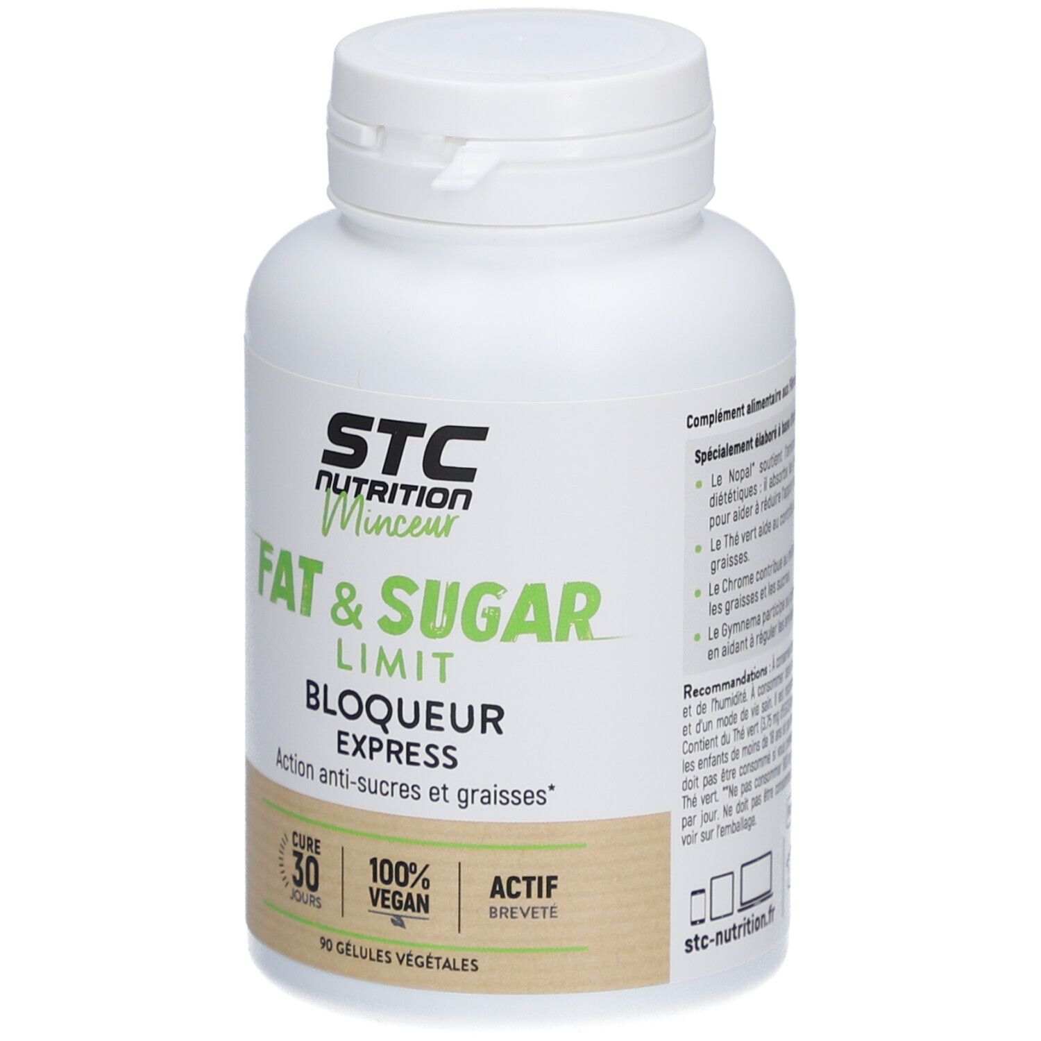 Flacon blanc avec capsules. Inscription : STC Nutrition, Fat & Sugar Limit, Bloqueur Express. 100% végétal.