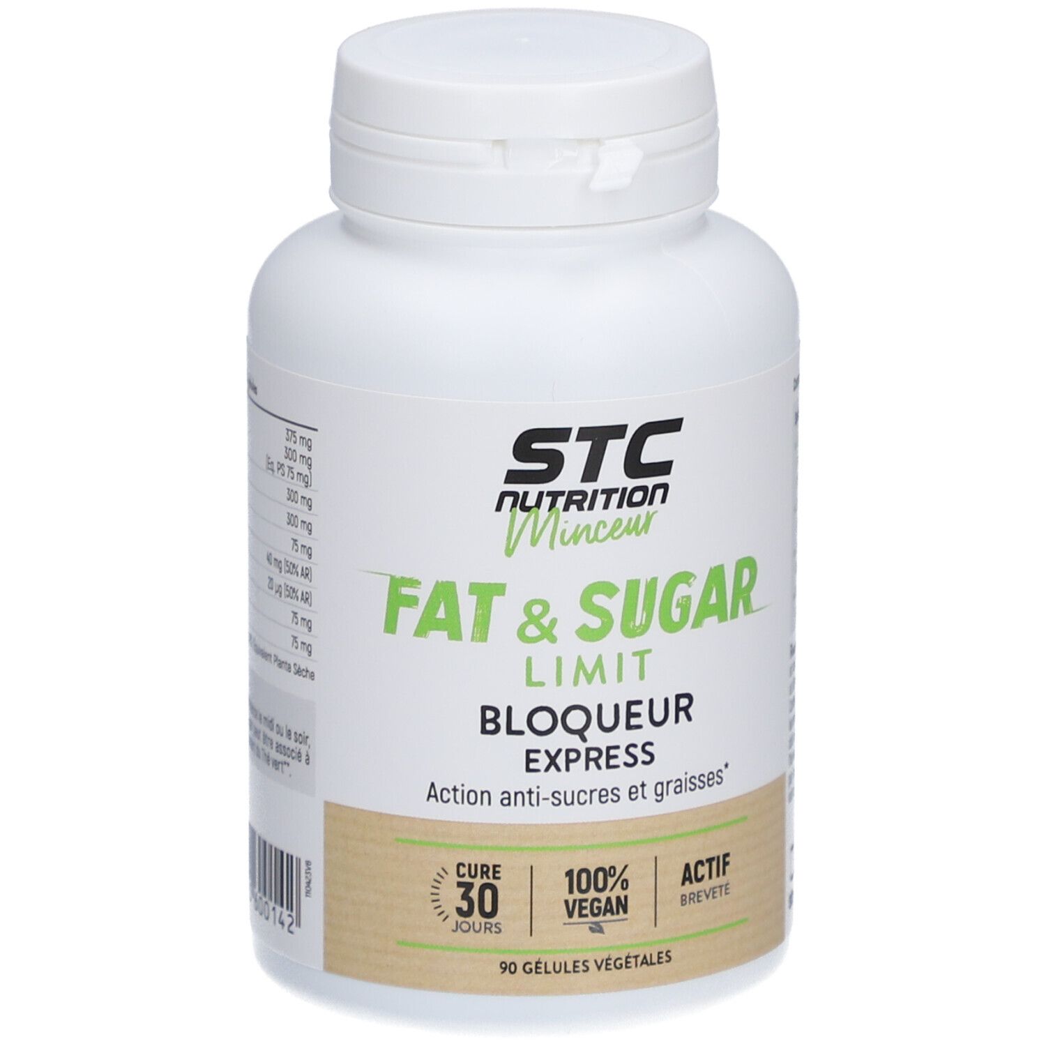 Flacon blanc avec capsules. Inscription : STC Nutrition, Fat & Sugar Limit, Bloqueur Express. 100% végétal.