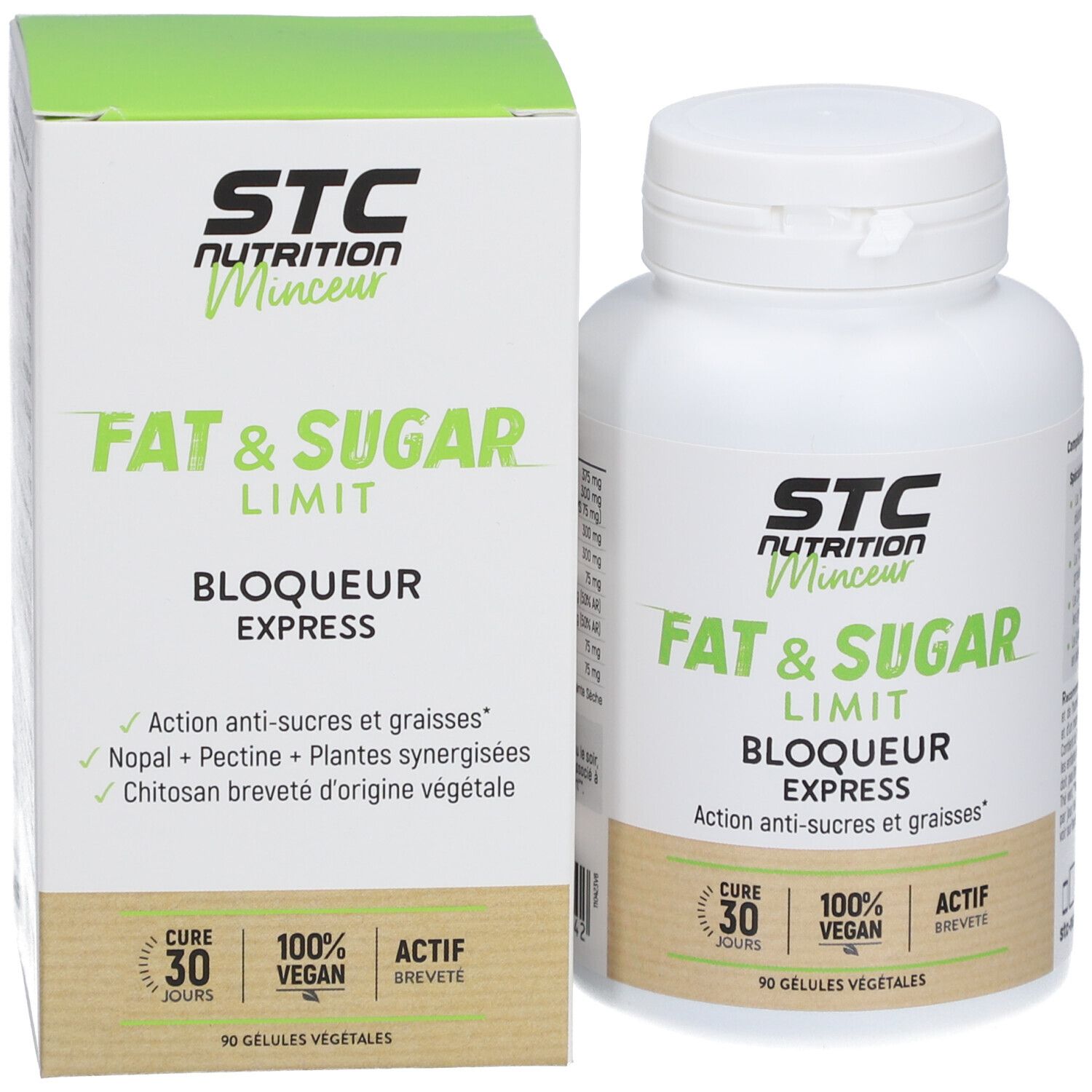 Flacon blanc et boîte. Inscription : STC Nutrition, Fat & Sugar Limit, Bloqueur Express. 100% végétal.
