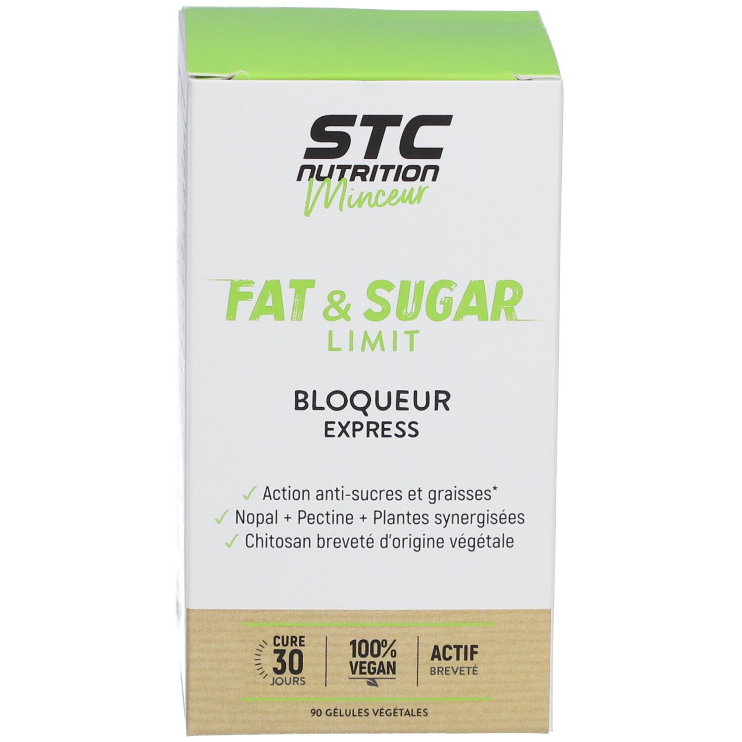 Boîte verte. Inscription : STC Nutrition, Fat & Sugar Limit, Bloqueur Express. 100% végétal.