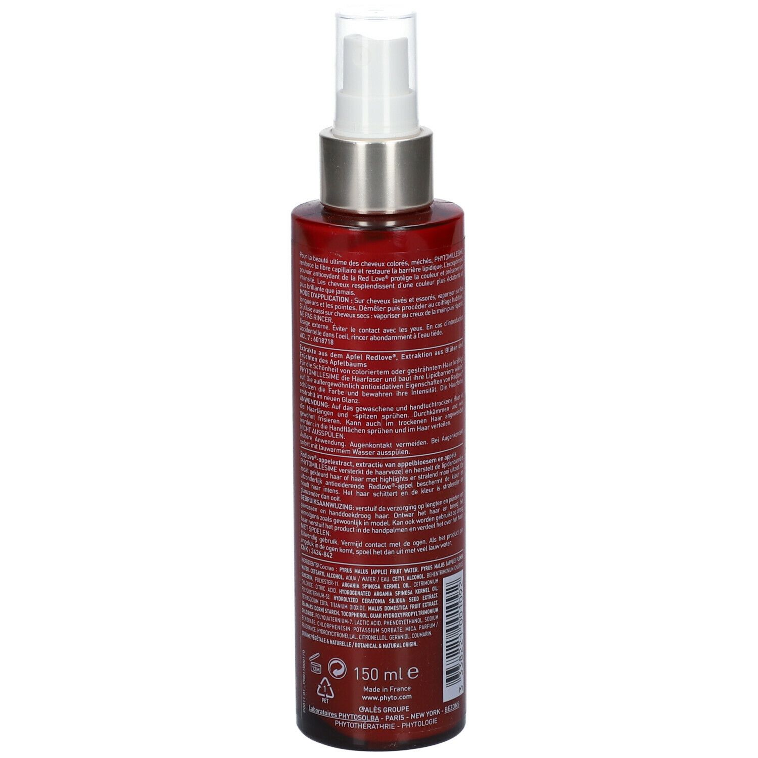 Flacon rouge avec vaporisateur. Texte au dos, dont 150 ml. Marque PHYTO. Étiquette avec informations produit.