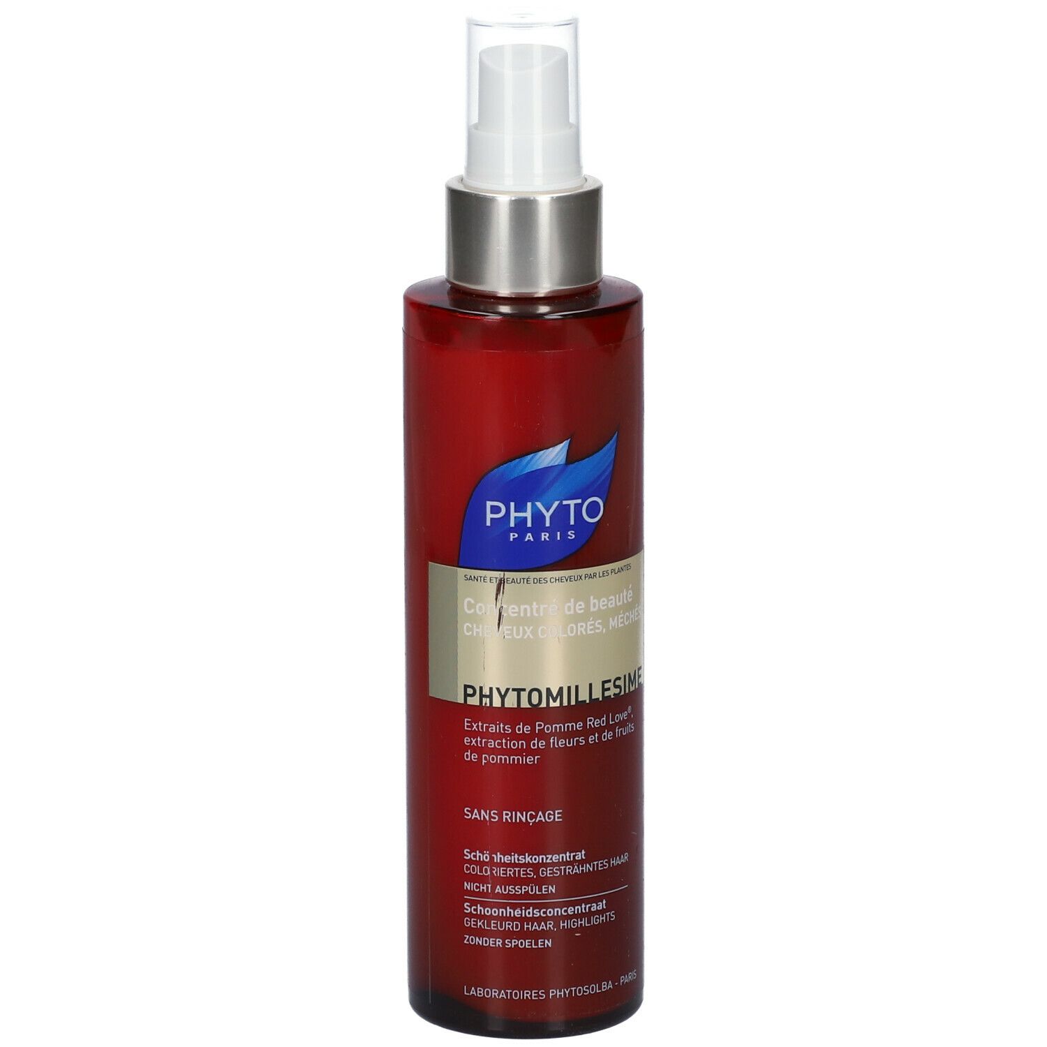Flacon rouge avec vaporisateur. Inscription PHYTO, Concentré de Beauté, PHYTO-MILLESIME. Étiquette avec informations produit.