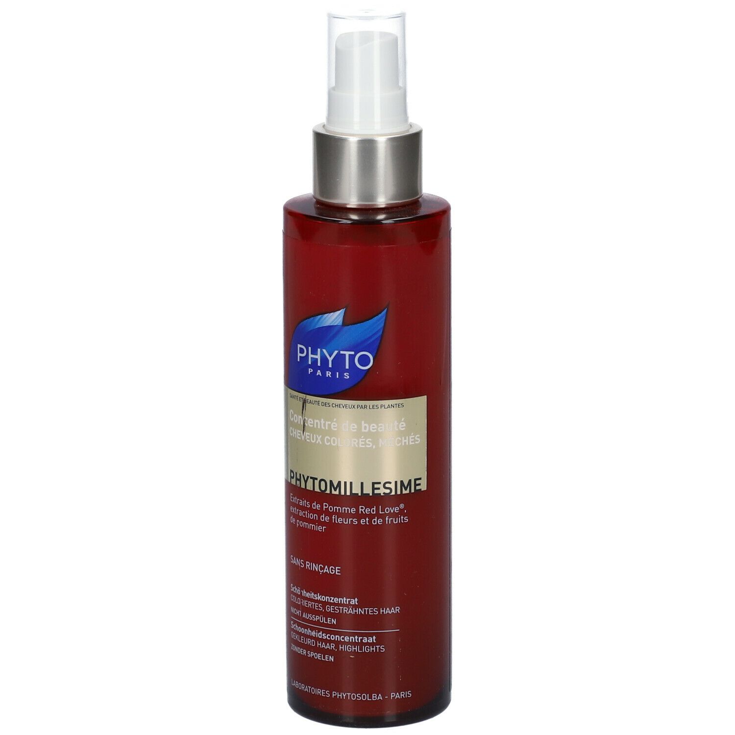 Flacon rouge avec vaporisateur. Inscription PHYTO, Concentré de Beauté, PHYTO-MILLESIME. Étiquette avec informations produit.
