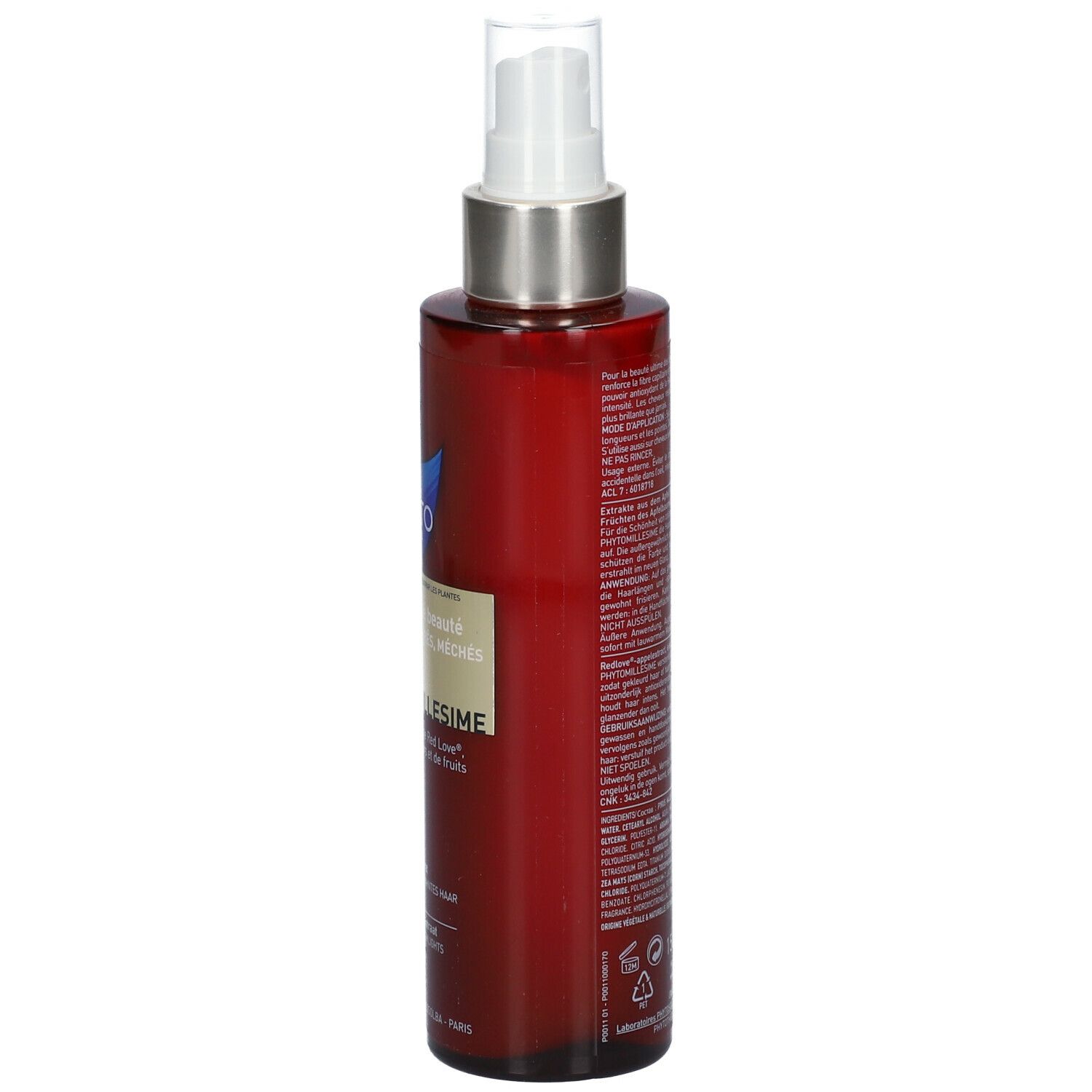 Flacon rouge avec vaporisateur. Inscription PHYTO, Concentré de Beauté, PHYTO-MILLESIME. Étiquette avec informations produit.