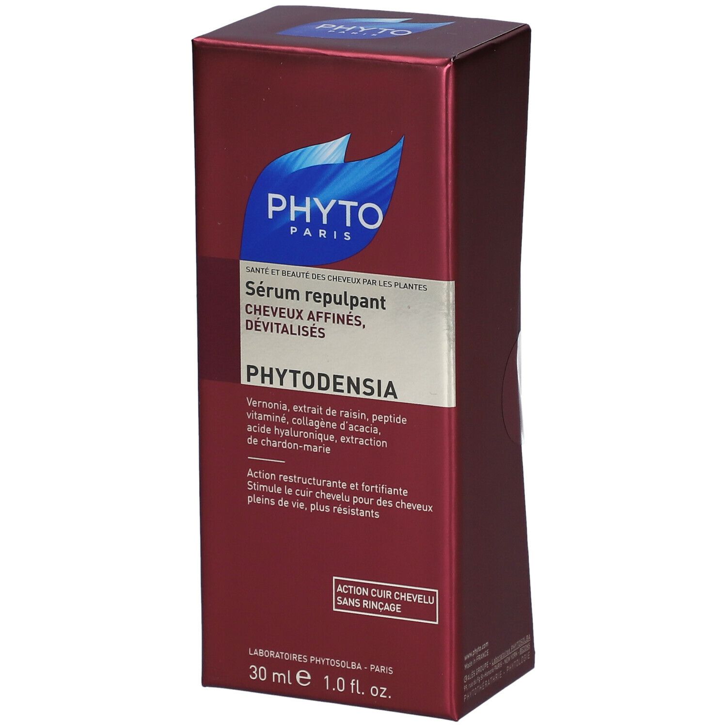 Boîte rouge PHYTO PARIS. Contient Sérum repulpant PHYTODENSIA pour cheveux affinés et dévitalisés. Ingrédients visibles.