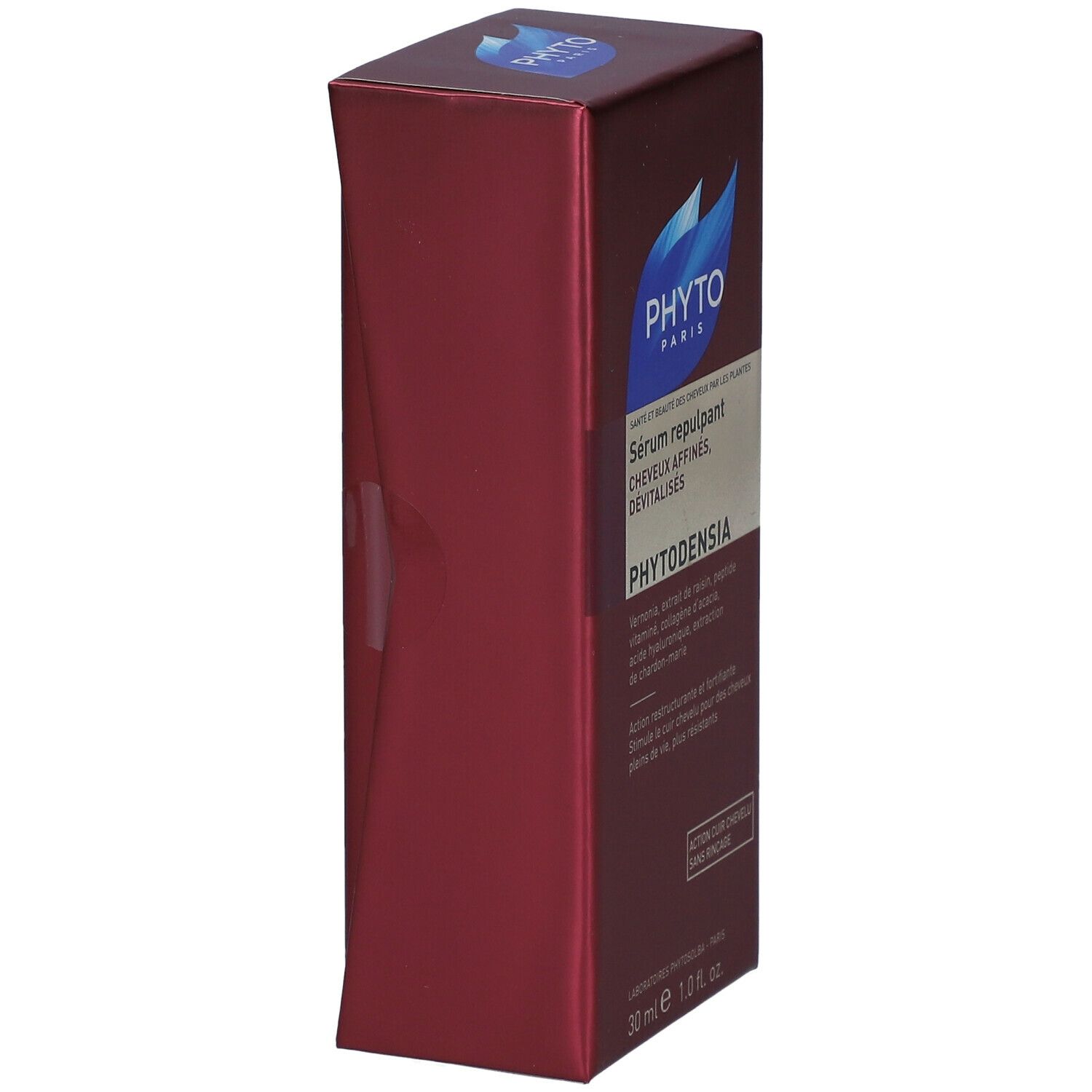 Boîte rouge PHYTO PARIS, PHYTODENSIA. Vue latérale. Nom du produit et détails textuels visibles. 30 ml, 1.0 fl. oz.