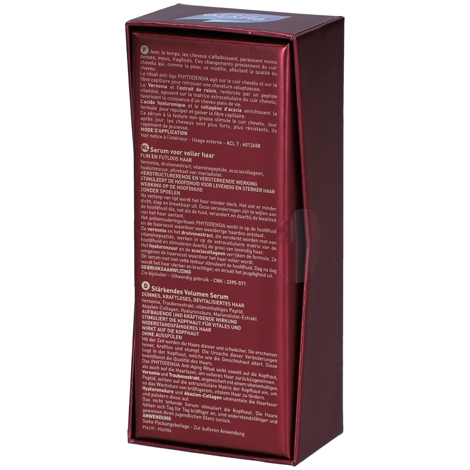 Boîte rouge PHYTO PARIS, PHYTODENSIA. Dos avec texte multilingue. Informations produit et mode d'emploi.