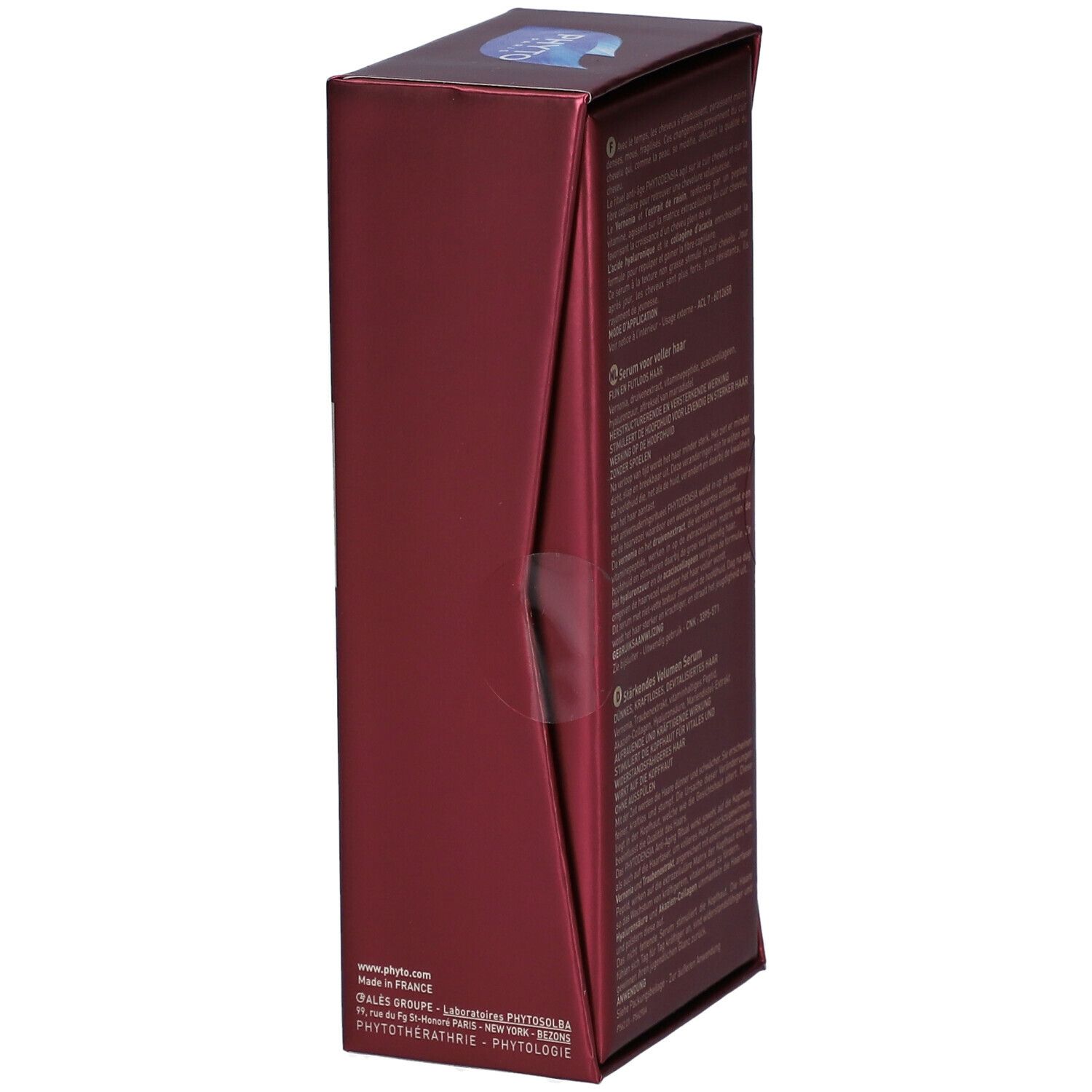 Boîte rouge PHYTO PARIS, PHYTODENSIA. Vue latérale avec texte. Informations fabricant et contact.