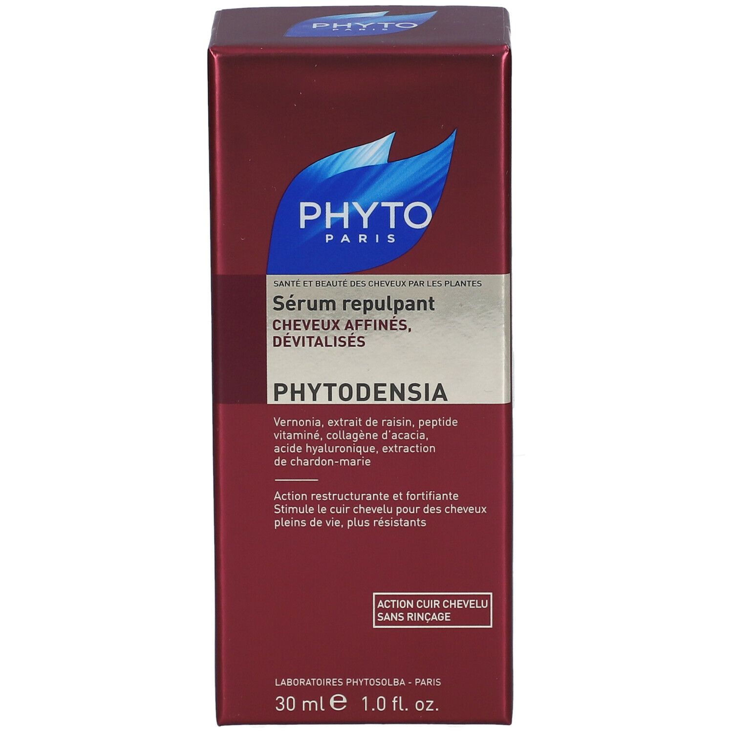 Boîte rouge PHYTO PARIS, PHYTODENSIA. Face avant avec nom du produit et ingrédients. 30 ml, 1.0 fl. oz.