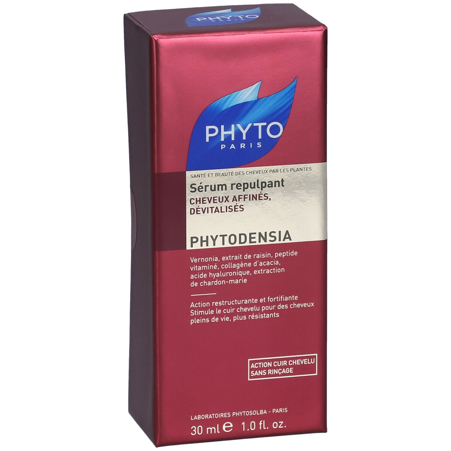 Boîte rouge PHYTO PARIS, PHYTODENSIA. Face avant avec nom du produit et ingrédients. 30 ml, 1.0 fl. oz.