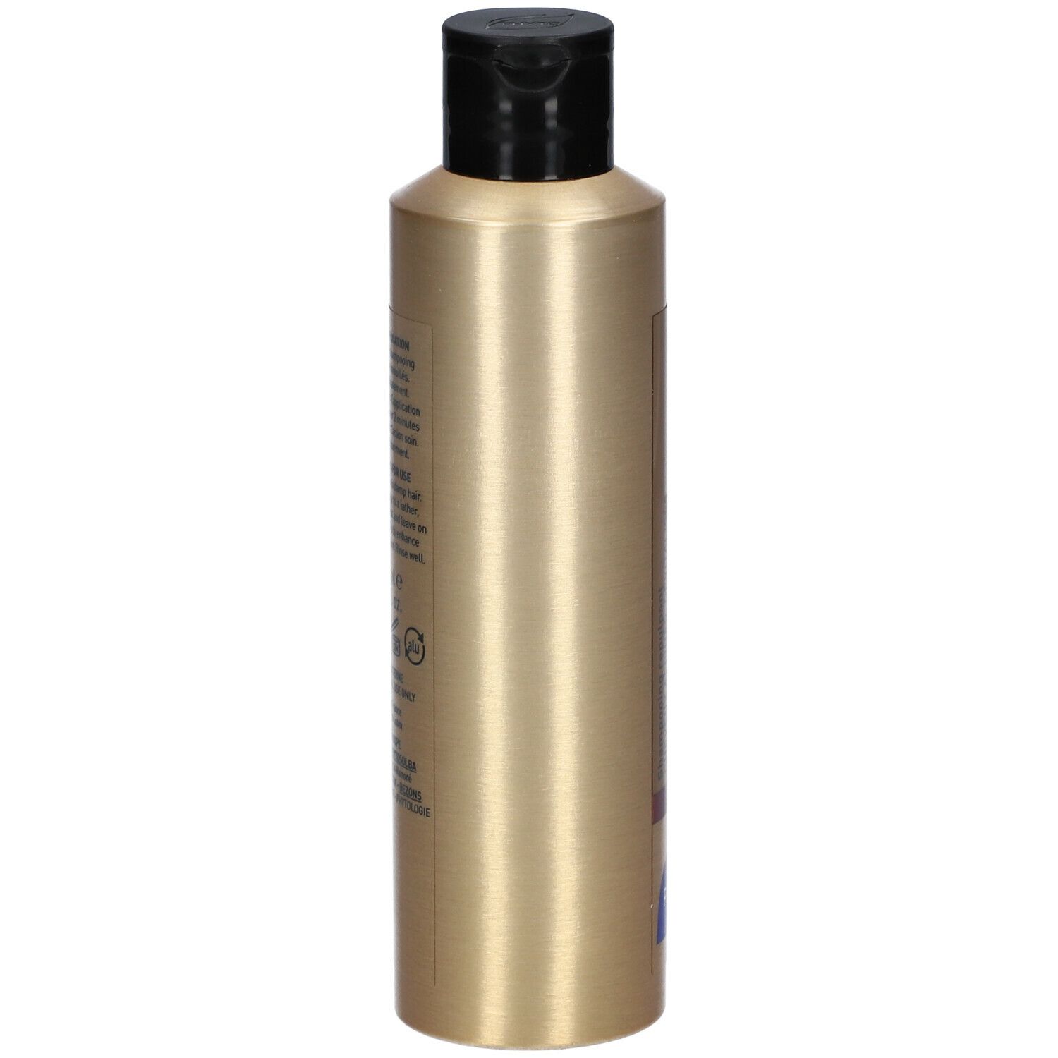Flacon de shampooing doré avec bouchon noir. Texte sur le côté, probablement des informations sur le produit.