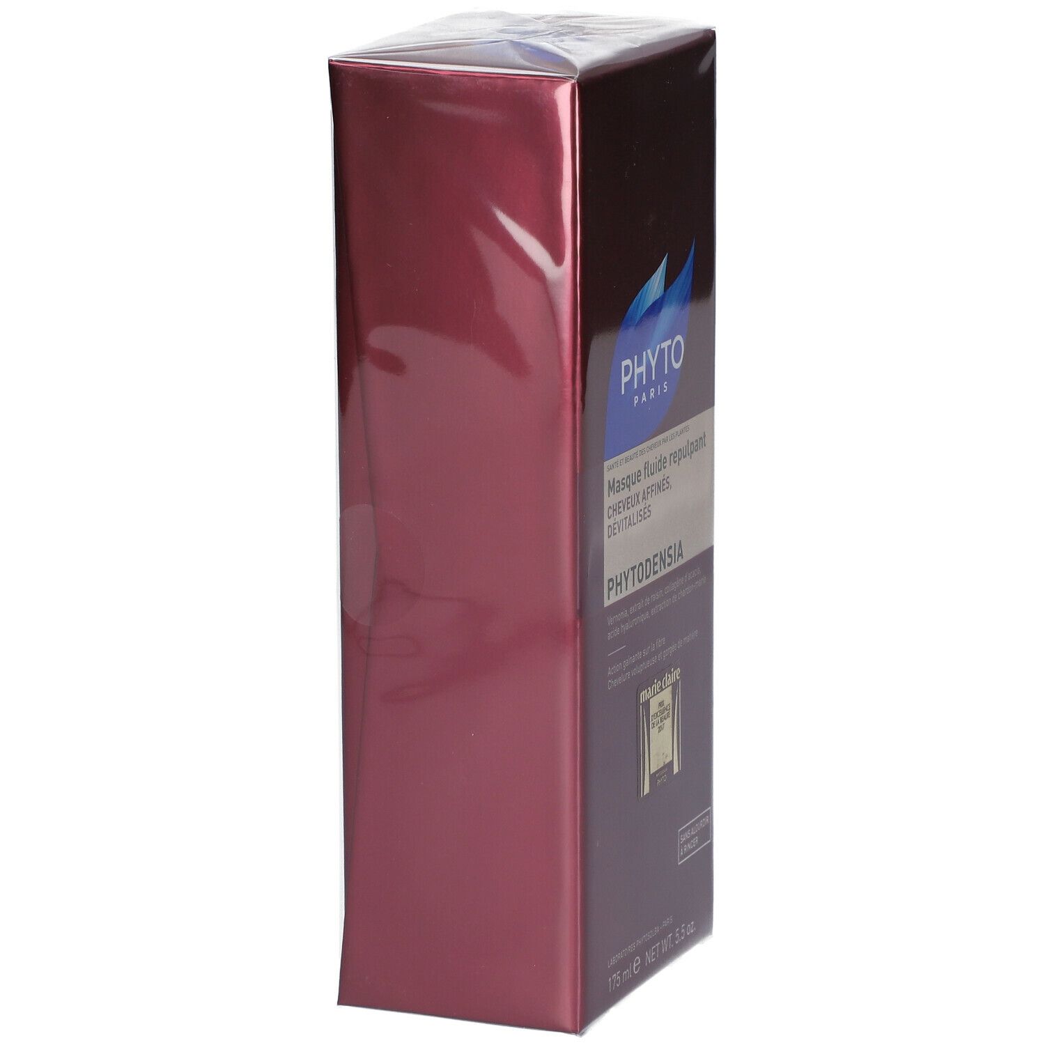 Emballage du produit PHYTO PHYTODENSIA. Boîte rectangulaire bordeaux avec film transparent. Logo et texte sur le devant.