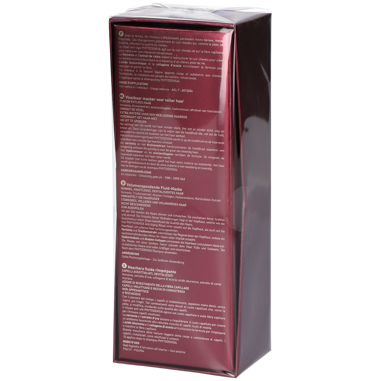 Dos de l'emballage du produit PHYTO PHYTODENSIA. Boîte bordeaux avec texte multilingue. Film transparent.