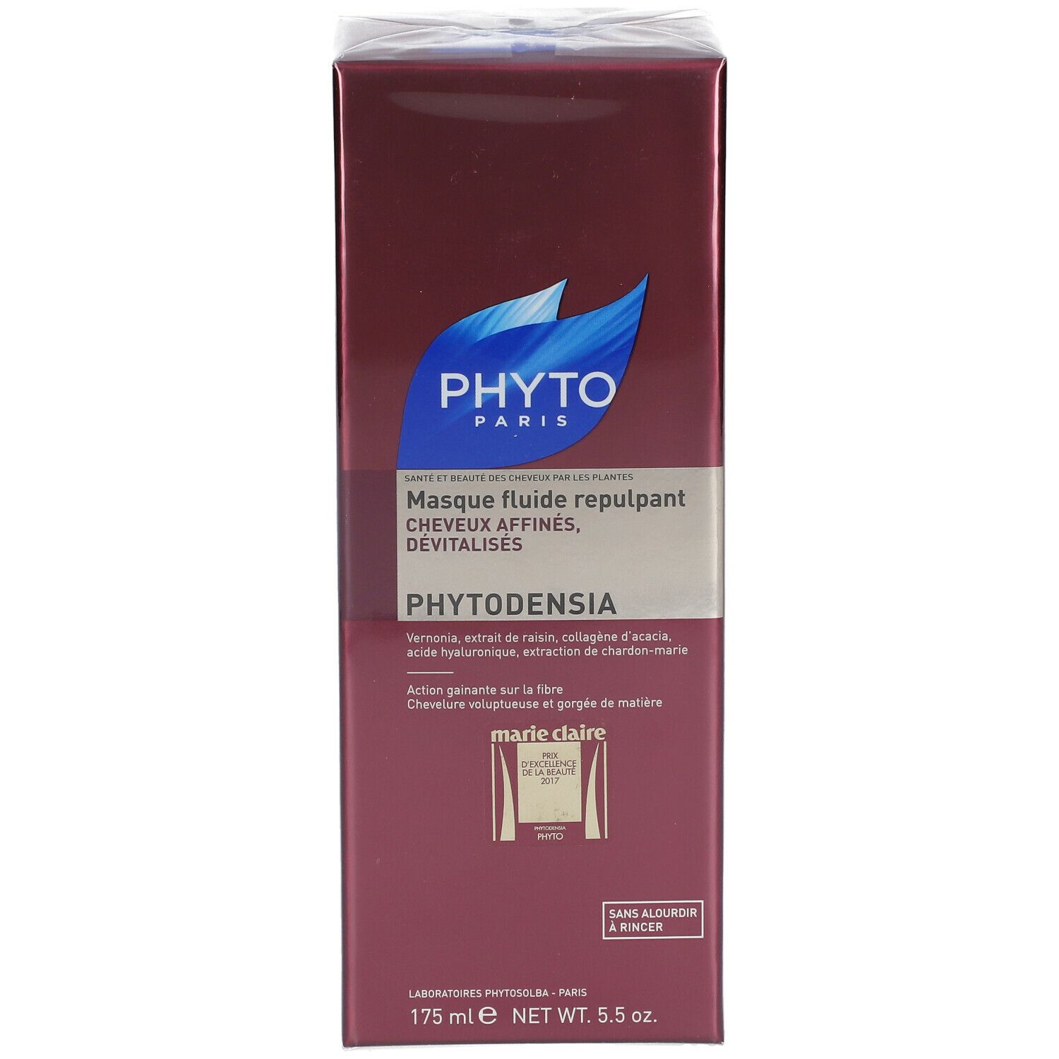 Face avant de l'emballage du produit PHYTO PHYTODENSIA. Boîte bordeaux avec logo et nom du produit. Texte en français.