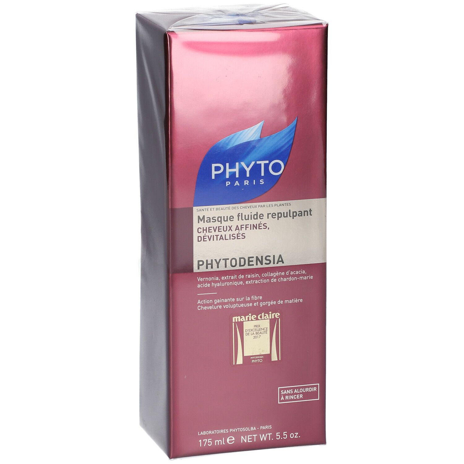 Face avant de l'emballage du produit PHYTO PHYTODENSIA. Boîte bordeaux avec logo et nom du produit. Texte en français.