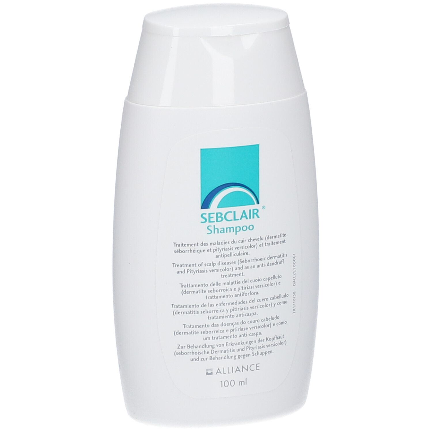 Flacon blanc avec étiquette bleue. Inscription: SEBCLAIR Shampoo. Texte multilingue. Marque: ALLIANCE. Volume: 100 ml.
