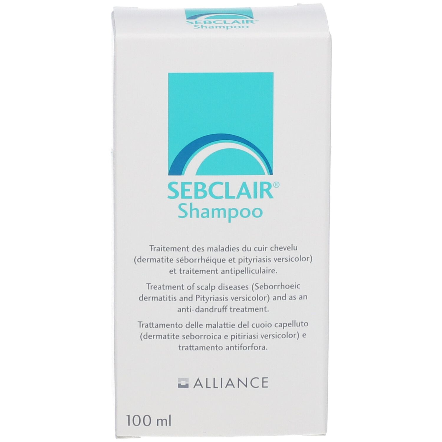 Emballage blanc avec étiquette bleue. Inscription: SEBCLAIR Shampoo. Texte multilingue. Volume: 100 ml. Marque: ALLIANCE.