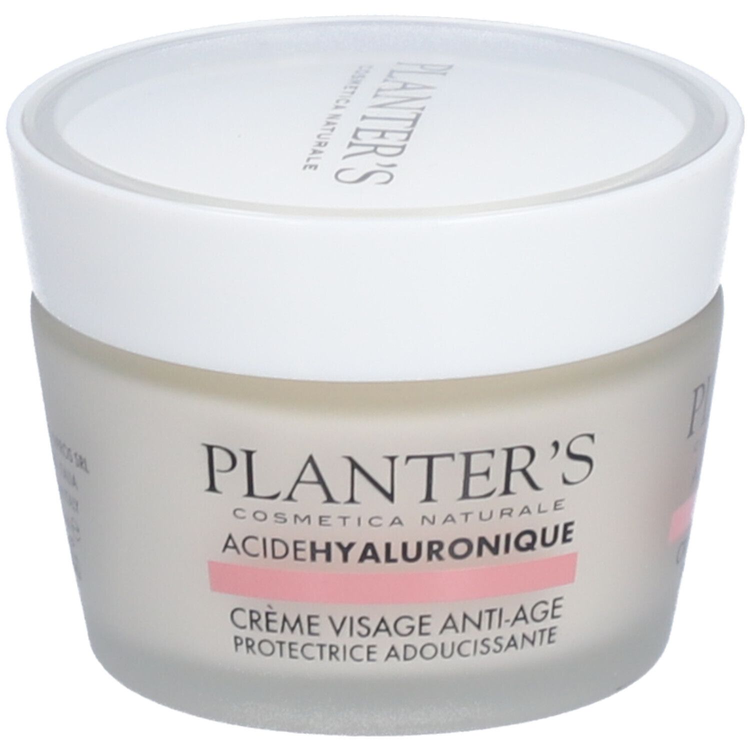 Pot de crème avec couvercle blanc. Inscriptions: Planter's, Acide Hyaluronique, Crème Visage Anti-Âge. Bande rose.