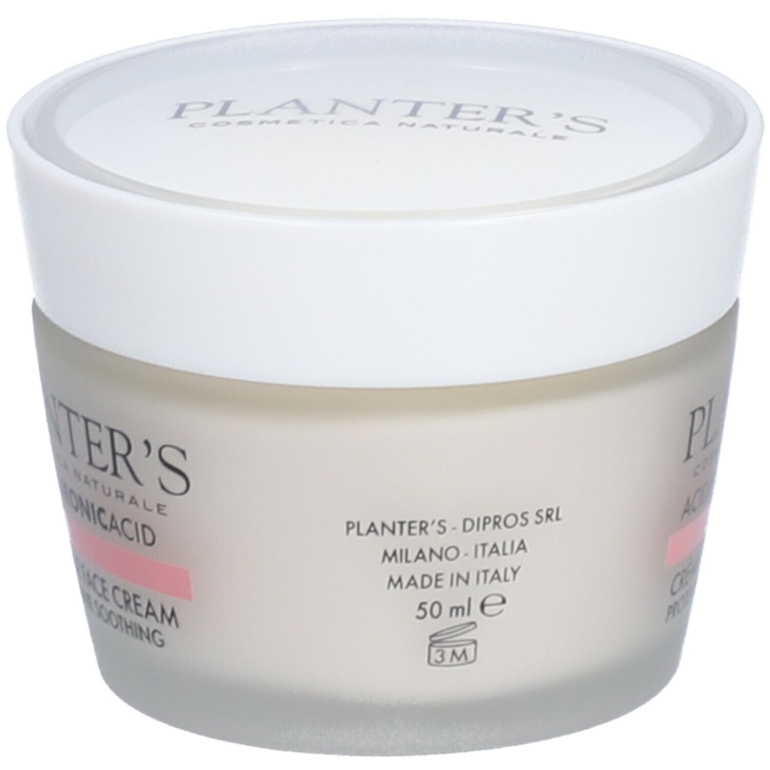 Pot de crème avec couvercle blanc. Inscriptions: Planter's, Acide Hyaluronique, Crème Visage Anti-Âge. Bande rose. 50 ml.