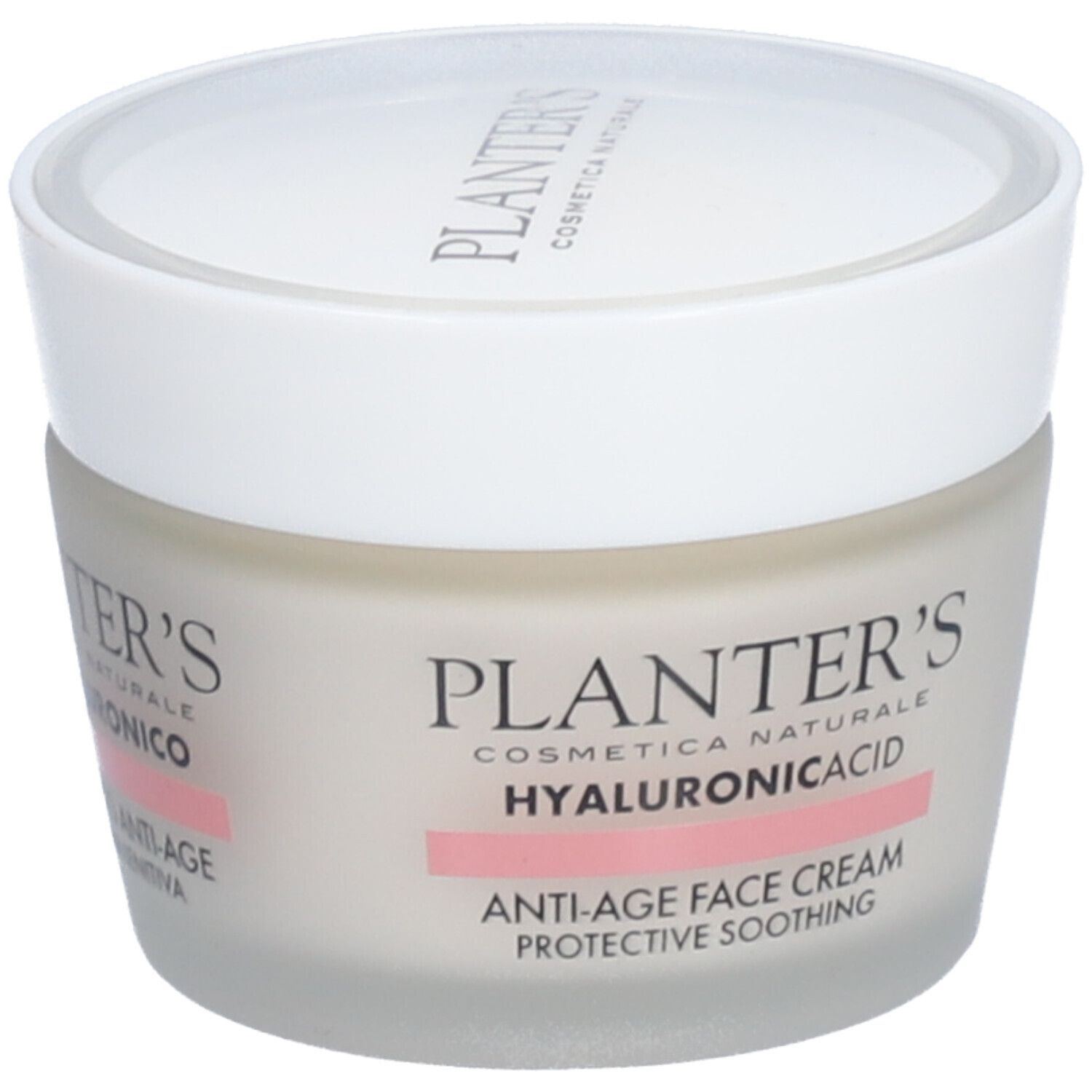 Pot de crème avec couvercle blanc. Inscriptions: Planter's, Hyaluronic Acid, Anti-Age Face Cream. Bande rose.