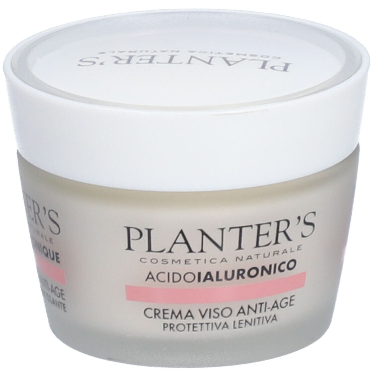 Pot de crème avec couvercle blanc. Inscriptions: Planter's, Acido Ialuronico, Crema Viso Anti-Age. Bande rose.