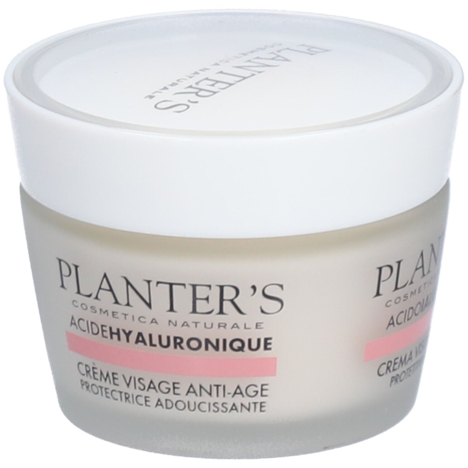 Pot de crème avec couvercle blanc. Inscriptions: Planter's, Acide Hyaluronique, Crème Visage Anti-Âge. Bande rose.