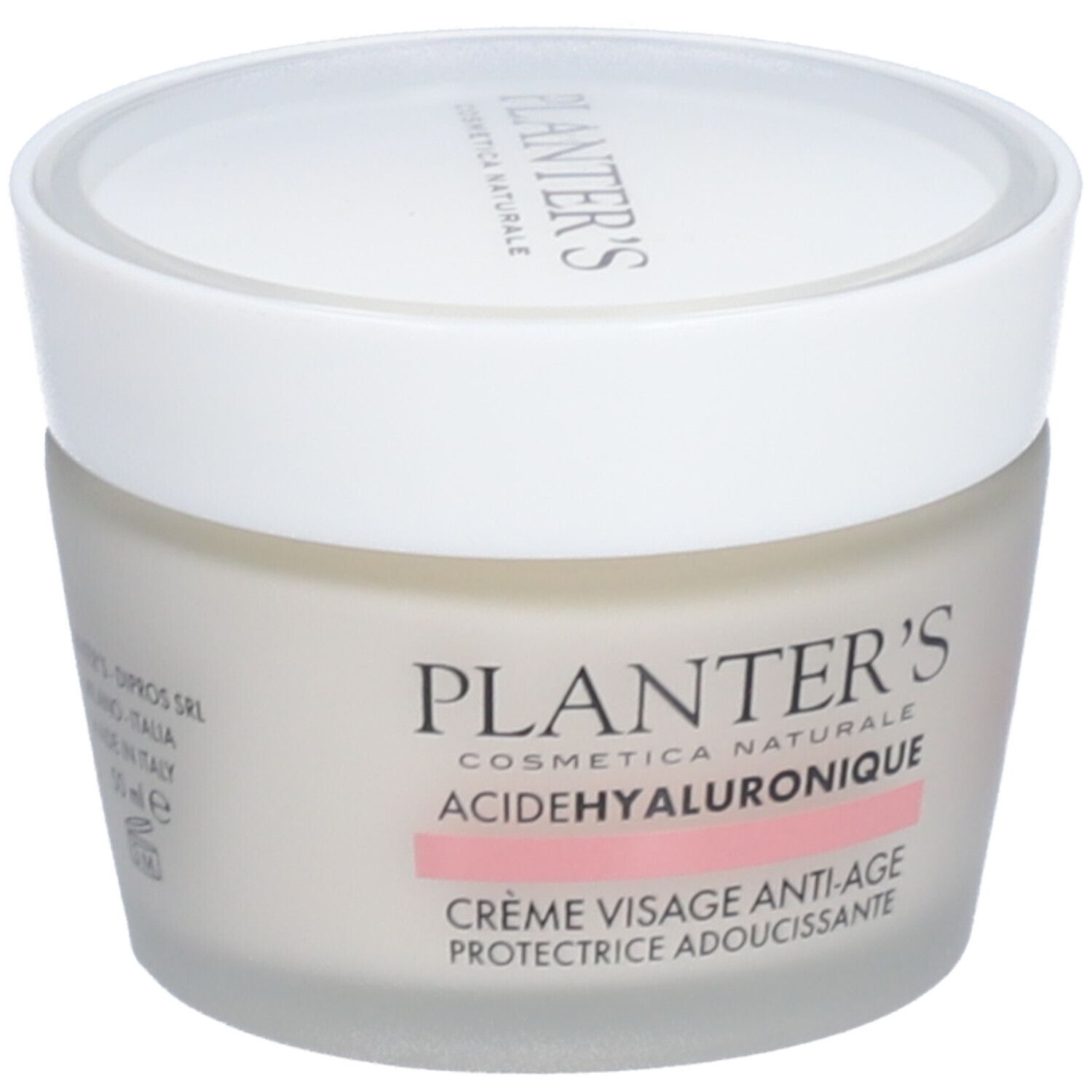 Pot de crème avec couvercle blanc. Inscriptions: Planter's, Acide Hyaluronique, Crème Visage Anti-Âge. Bande rose. 50 ml.