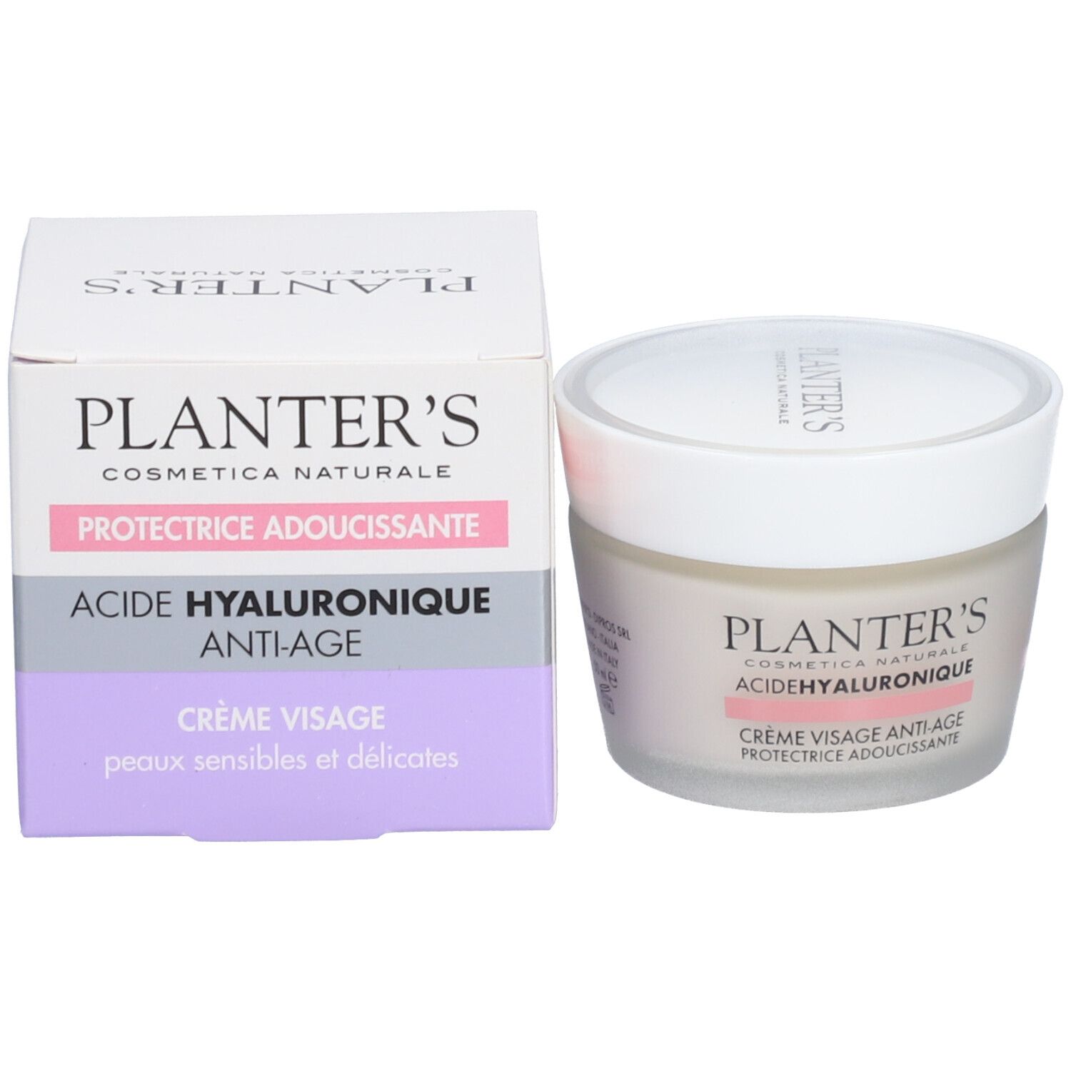 Pot de crème et boîte. Inscriptions: Planter's, Acide Hyaluronique, Crème Visage. Bande rose. Peaux sensibles.