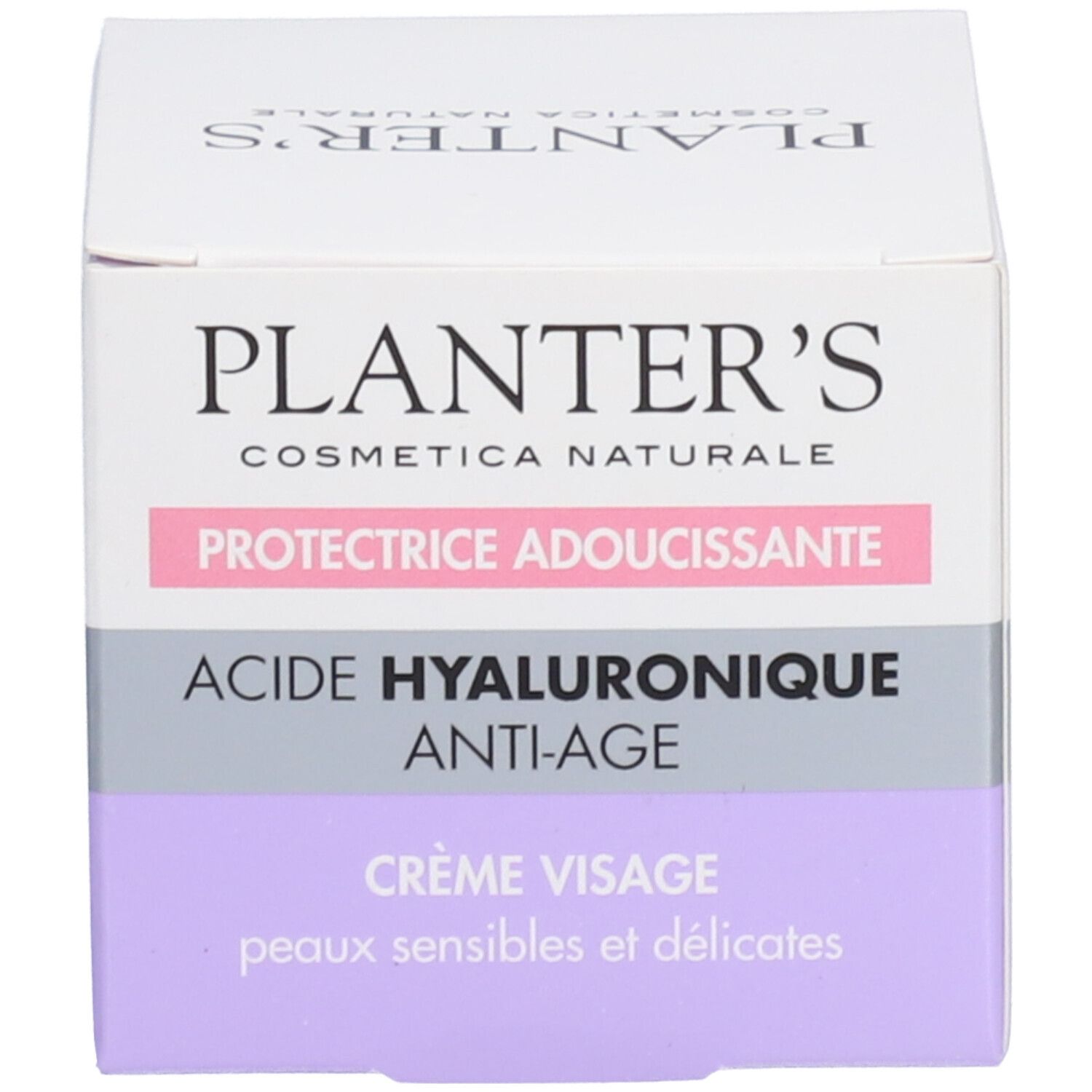 Boîte. Inscriptions: Planter's, Acide Hyaluronique, Anti-Âge, Crème Visage. Bande rose. Peaux sensibles.