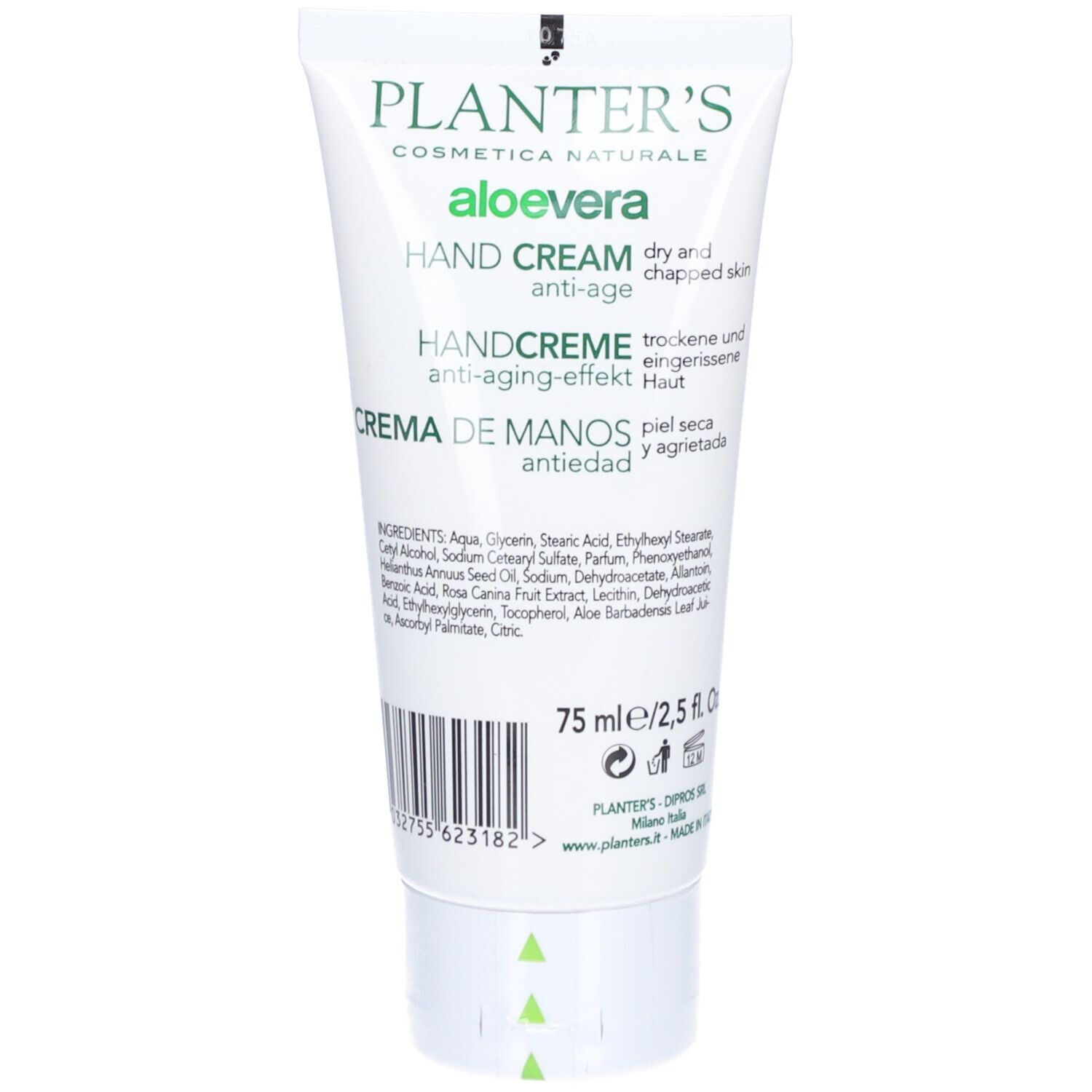 Tube blanc avec texte. Planter's, Aloe Vera, Hand Cream, Handcreme, Crema de Manos. 75 ml. Crème pour les mains.