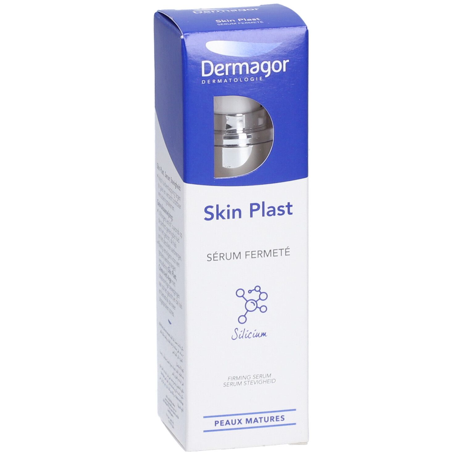 Boîte Dermagor Skin Plast Sérum. Texte: Skin Plast, Sérum Fermeté, Silicium, Peaux matures.