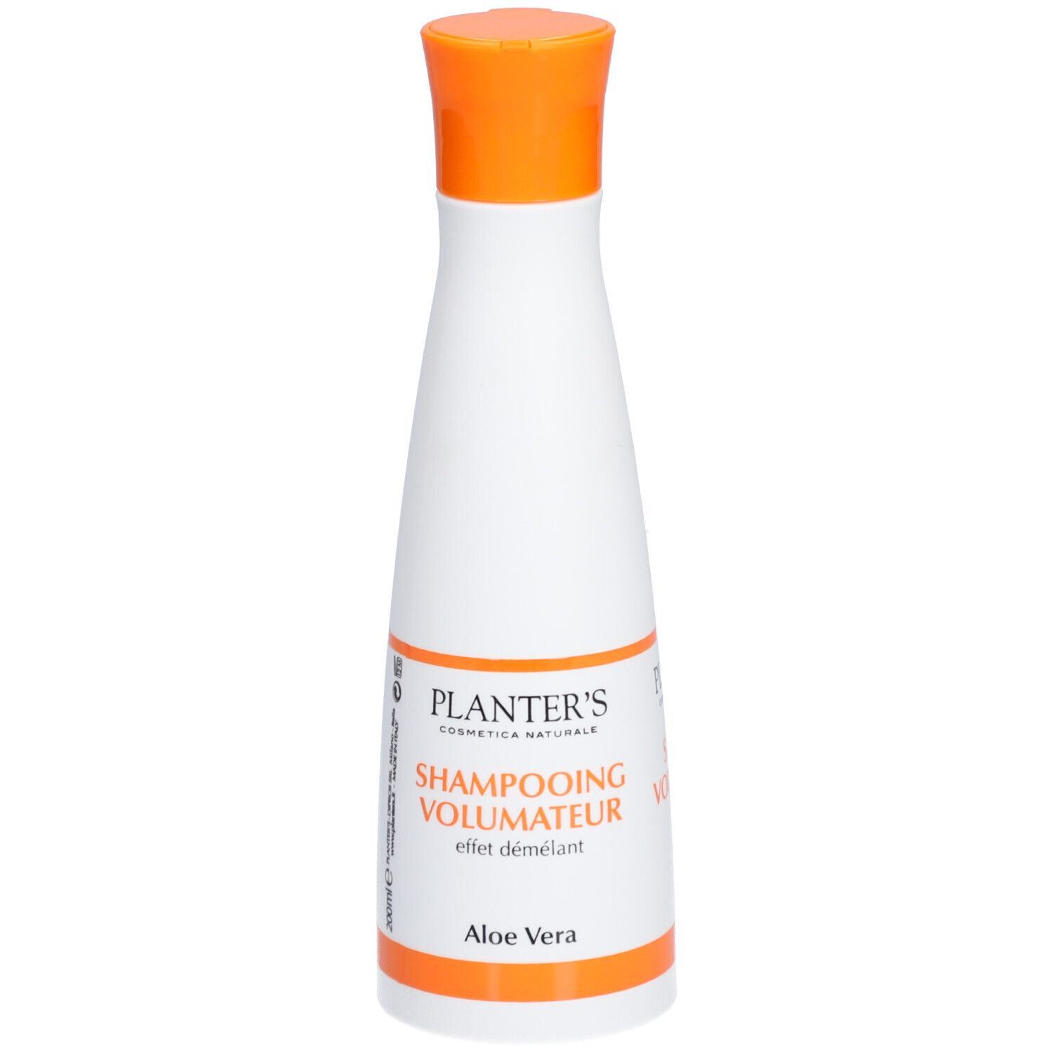Flacon blanc, bouchon orange. Inscription: Planter's Shampooing Volumateur, Aloe Vera.