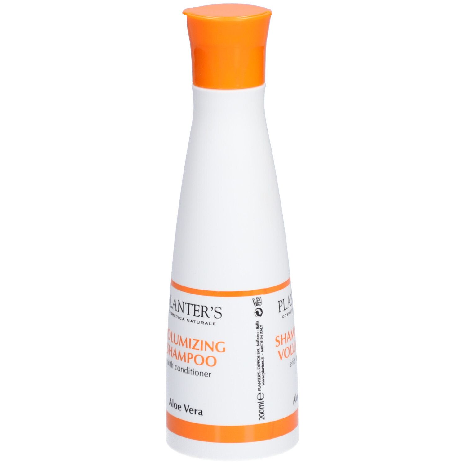 Flacon blanc, bouchon orange. Inscription: Planter's Volumizing Shampoo, Aloe Vera.