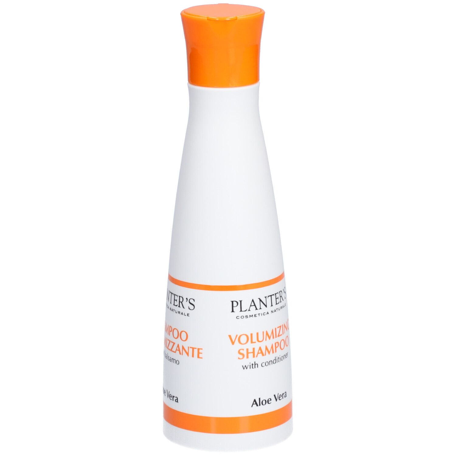 Flacon blanc, bouchon orange. Inscription: Planter's Shampoo Volumizzante, Aloe Vera.
