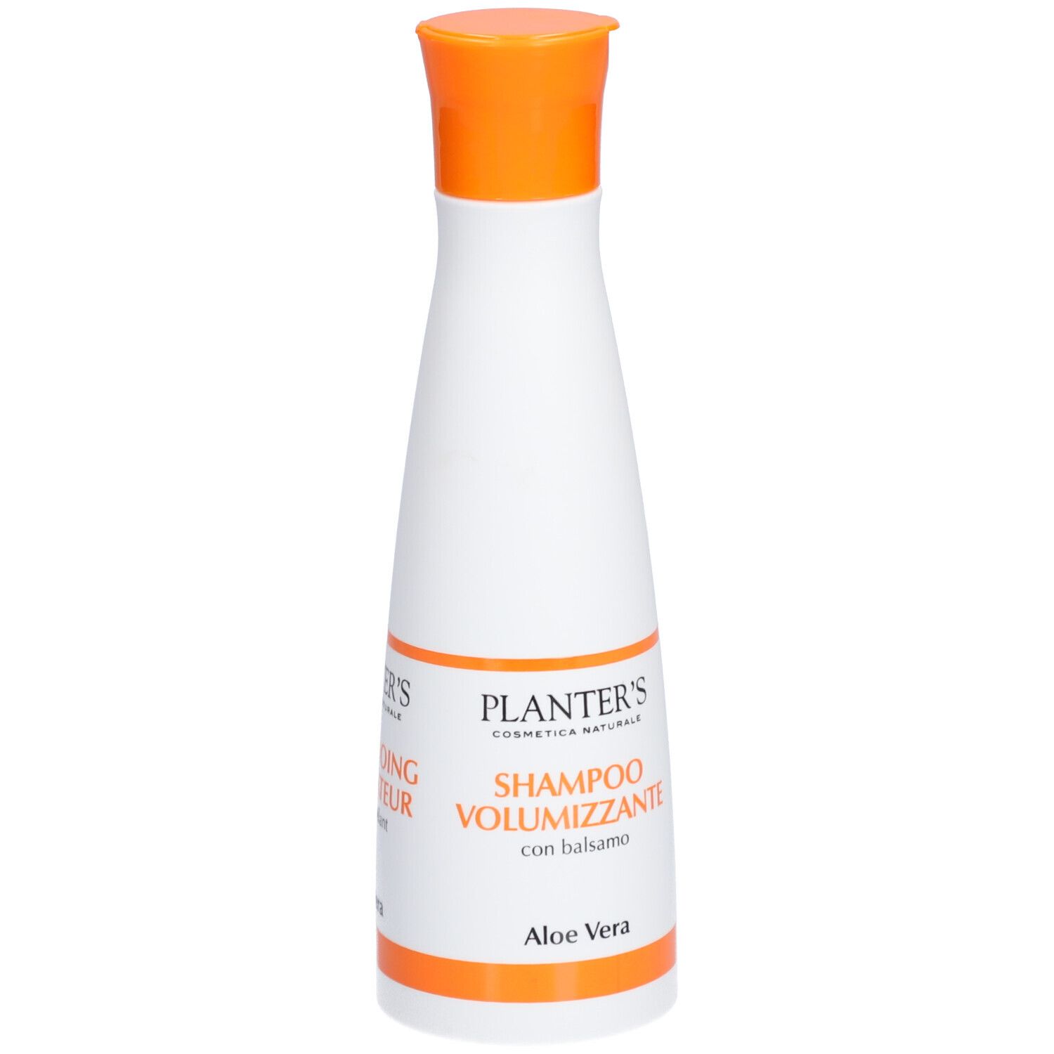 Flacon blanc, bouchon orange. Inscription: Planter's Shampoo Volumizzante, Aloe Vera.