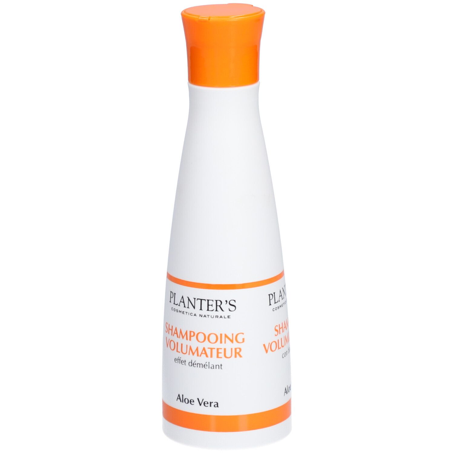Flacon blanc, bouchon orange. Inscription: Planter's Shampooing Volumateur, Aloe Vera.