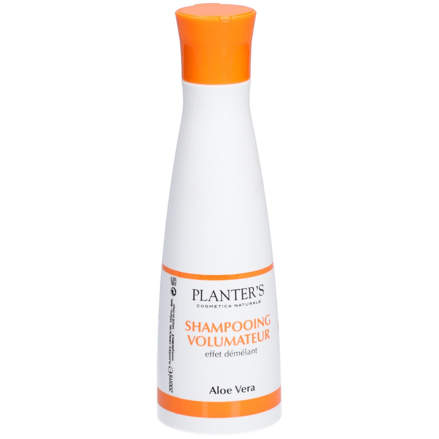Flacon blanc, bouchon orange. Inscription: Planter's Shampooing Volumateur, Aloe Vera.