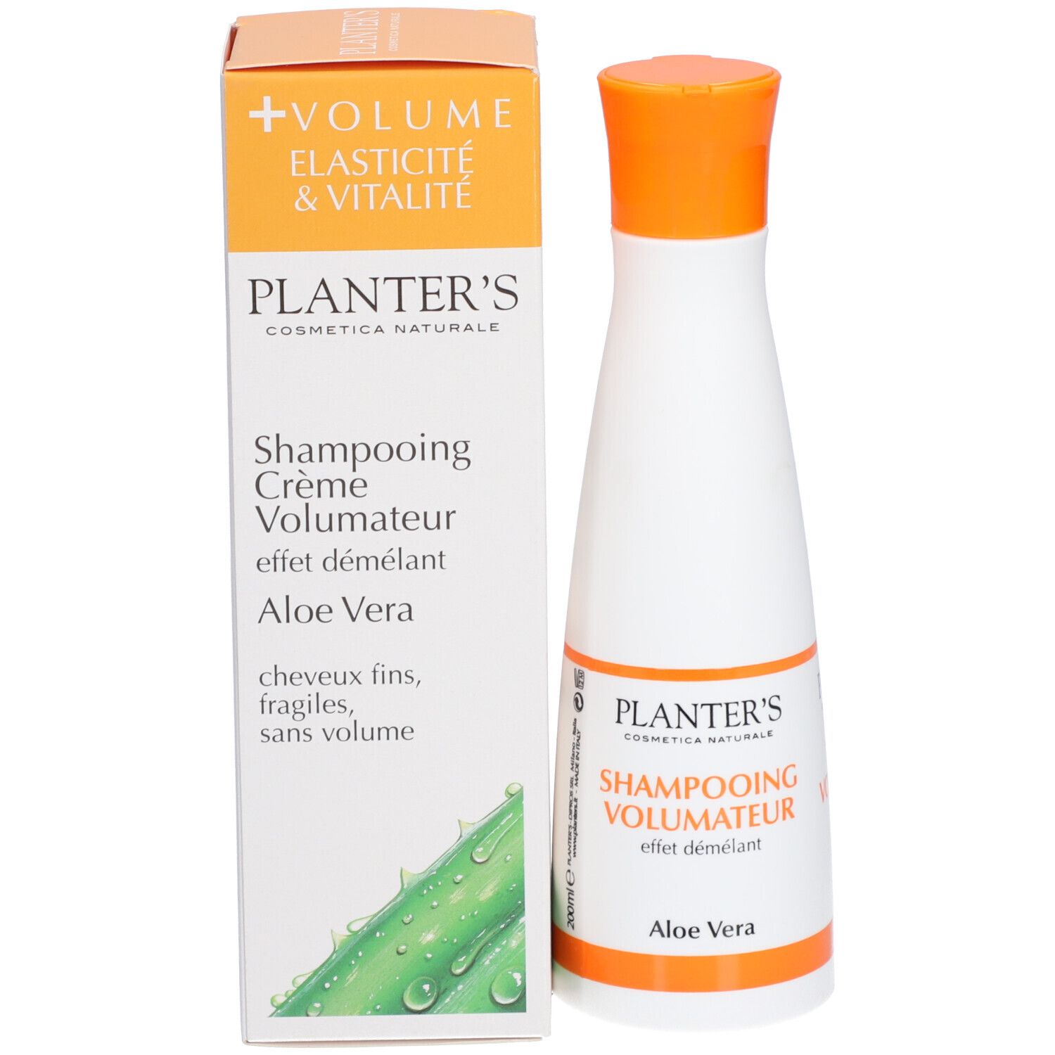 Flacon et carton. Inscription: Planter's Shampooing Crème Volumateur, Aloe Vera. Pour cheveux fins.