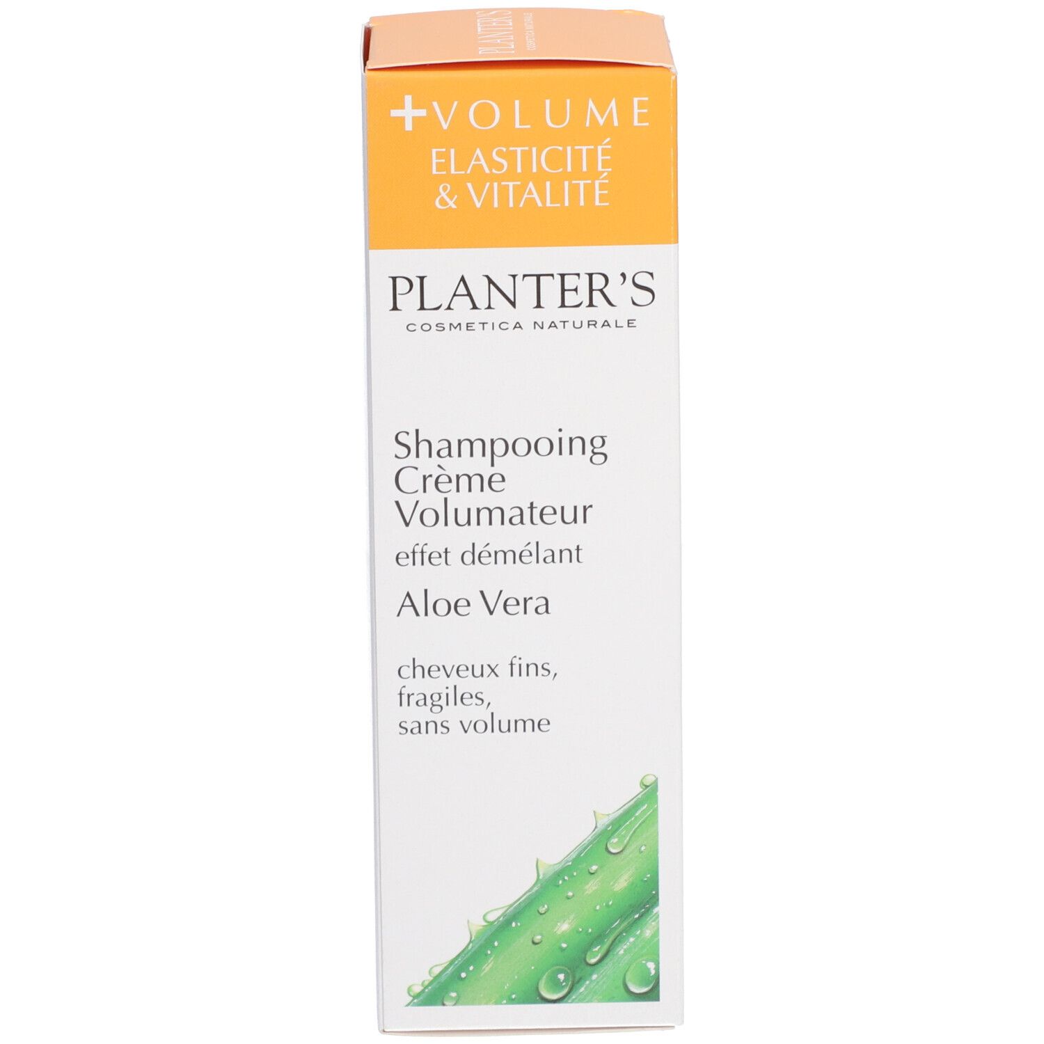 Carton avec inscription: Planter's Shampooing Crème Volumateur, Aloe Vera. Pour cheveux fins.