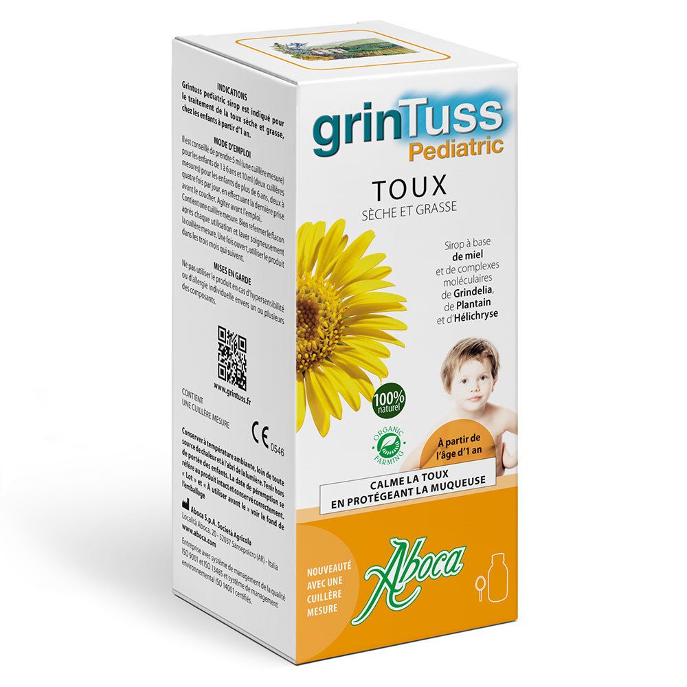 Boîte avec texte et image. GrinTuss Pediatric Toux. Tournesol et enfant. Texte: Calm la toux. Logo Aboca.