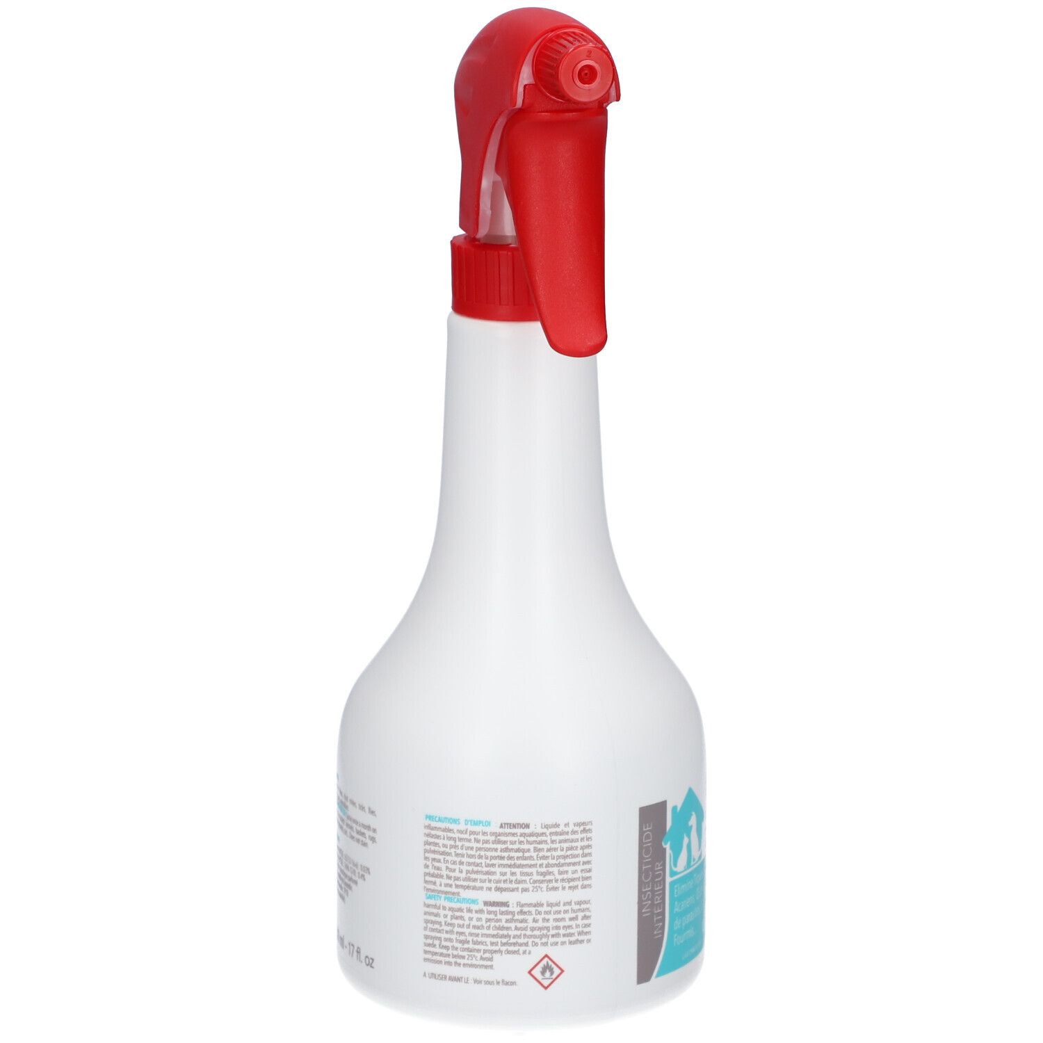 Arrière d'un flacon pulvérisateur blanc avec tête rouge. Étiquette avec avertissements et informations produit.