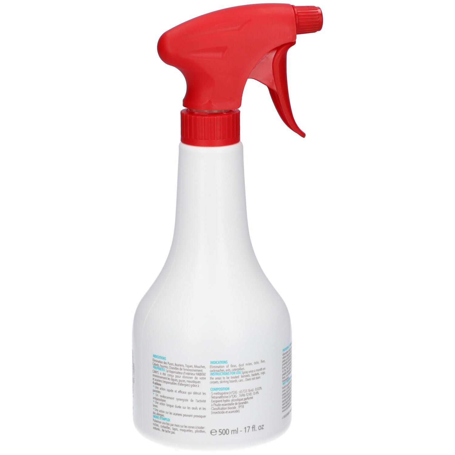 Flacon pulvérisateur blanc avec tête rouge. Étiquette avec informations produit et mention 500 ml / 17 fl oz.