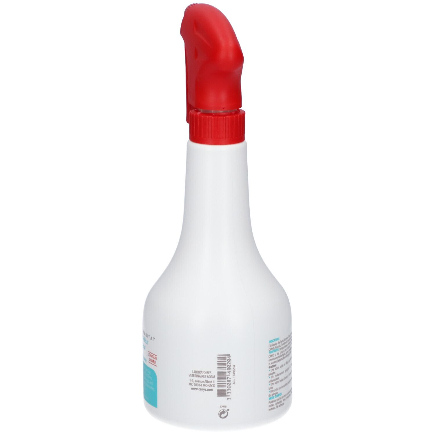 Flacon pulvérisateur blanc avec tête rouge, emballé dans un film plastique transparent. Inscription: Ligne Habitat Vaporisateur d'intérieur.