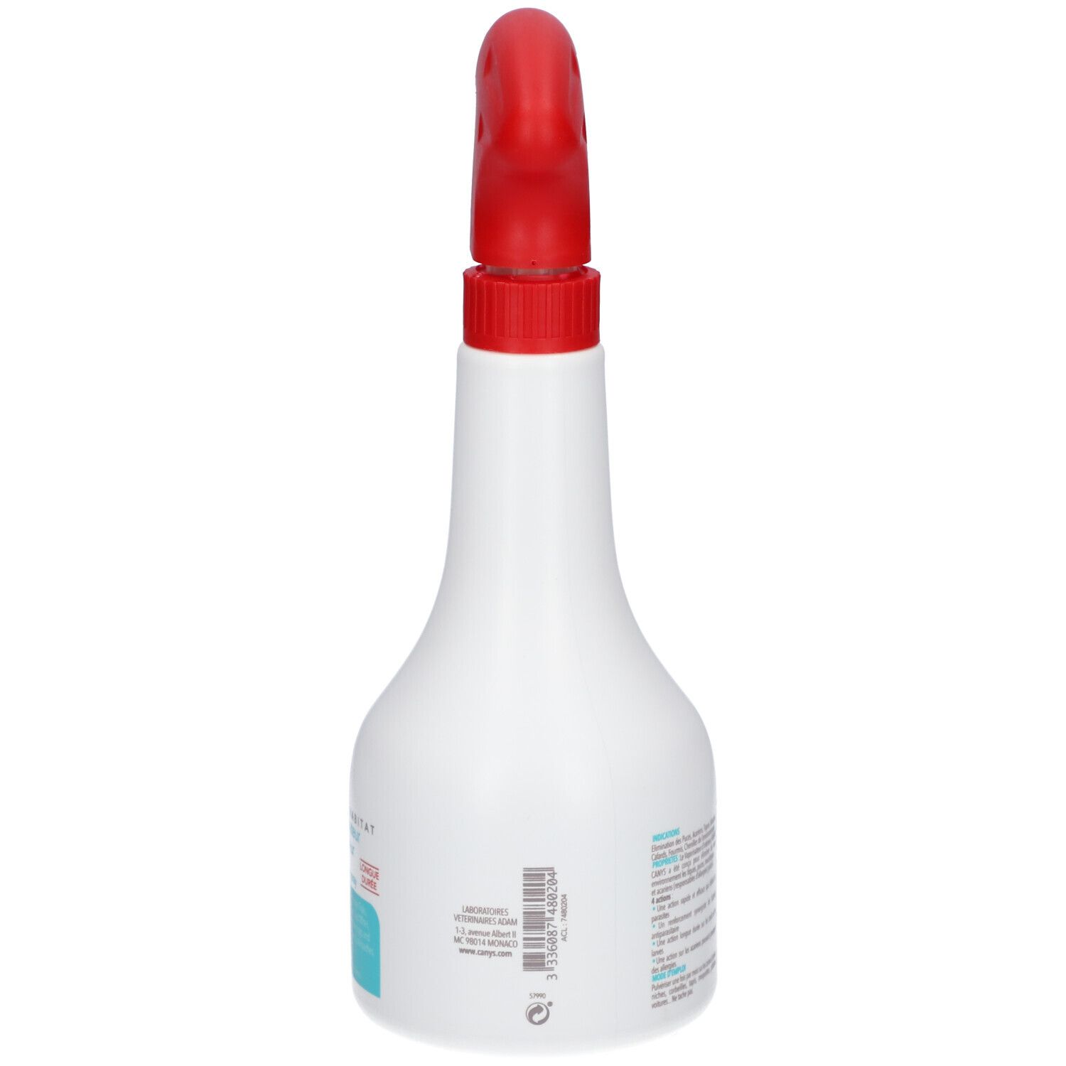Flacon pulvérisateur blanc avec tête rouge. Étiquette avec symboles maison/animaux, nom produit et marque.